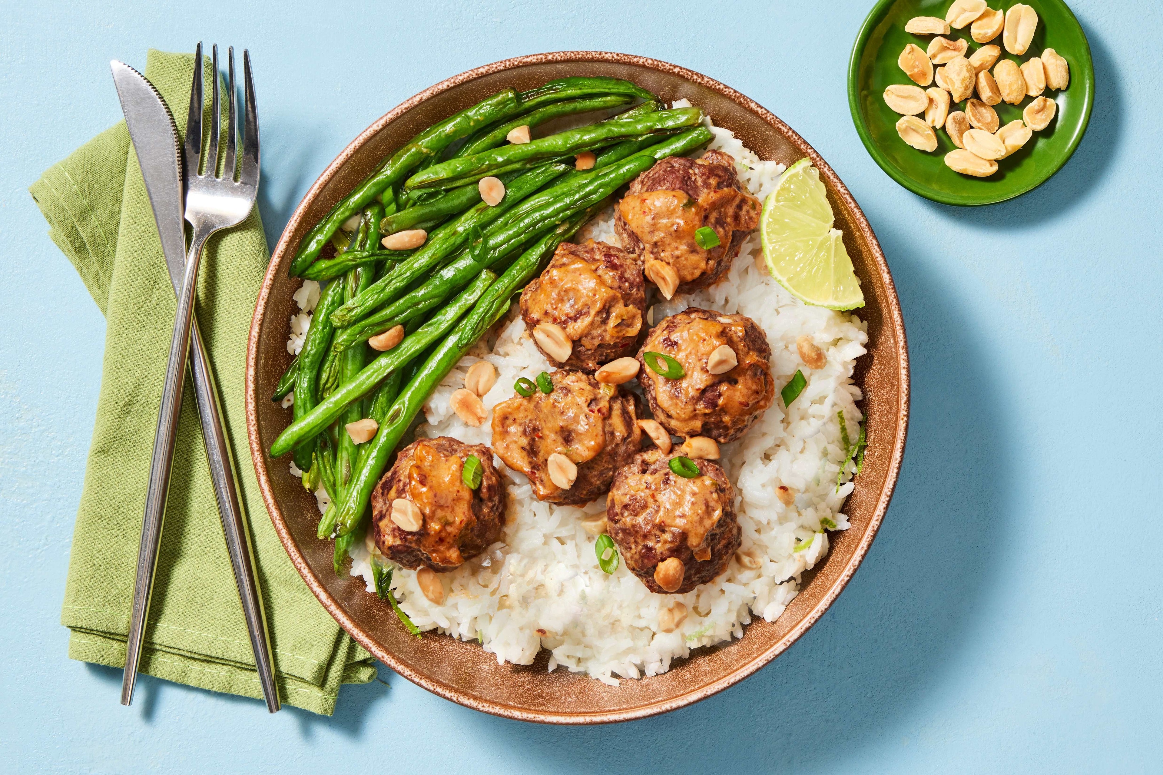 [SIDE CARB SWAP JASMINE RICE TO MICROWAVABLE RICE] Thai Chili Coconut Pork Meatballs with Coconut Lime Rice and Roasted Green Beans (D2Vv3)