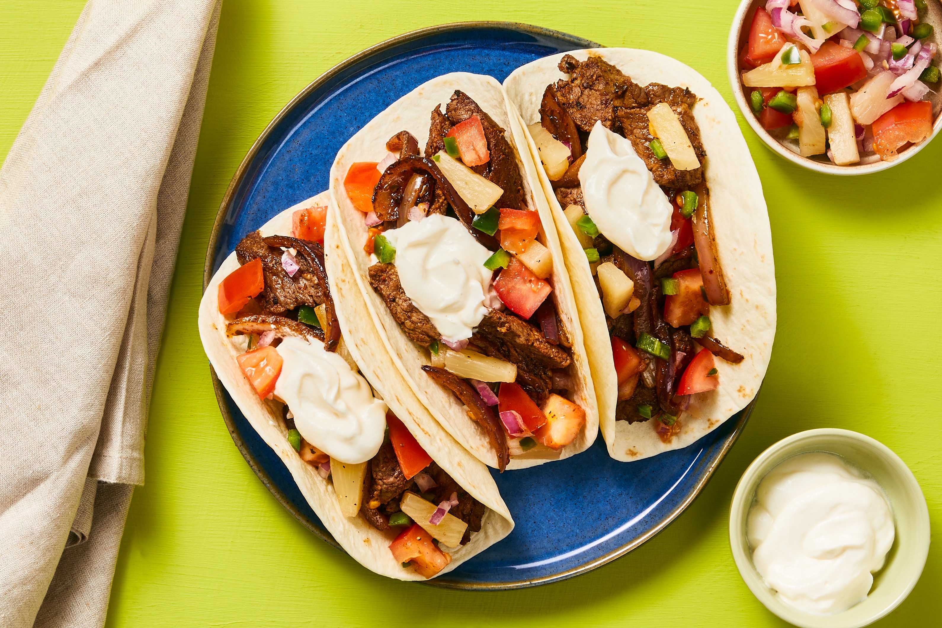 One-Pan Steak Tacos with Pineapple Salsa