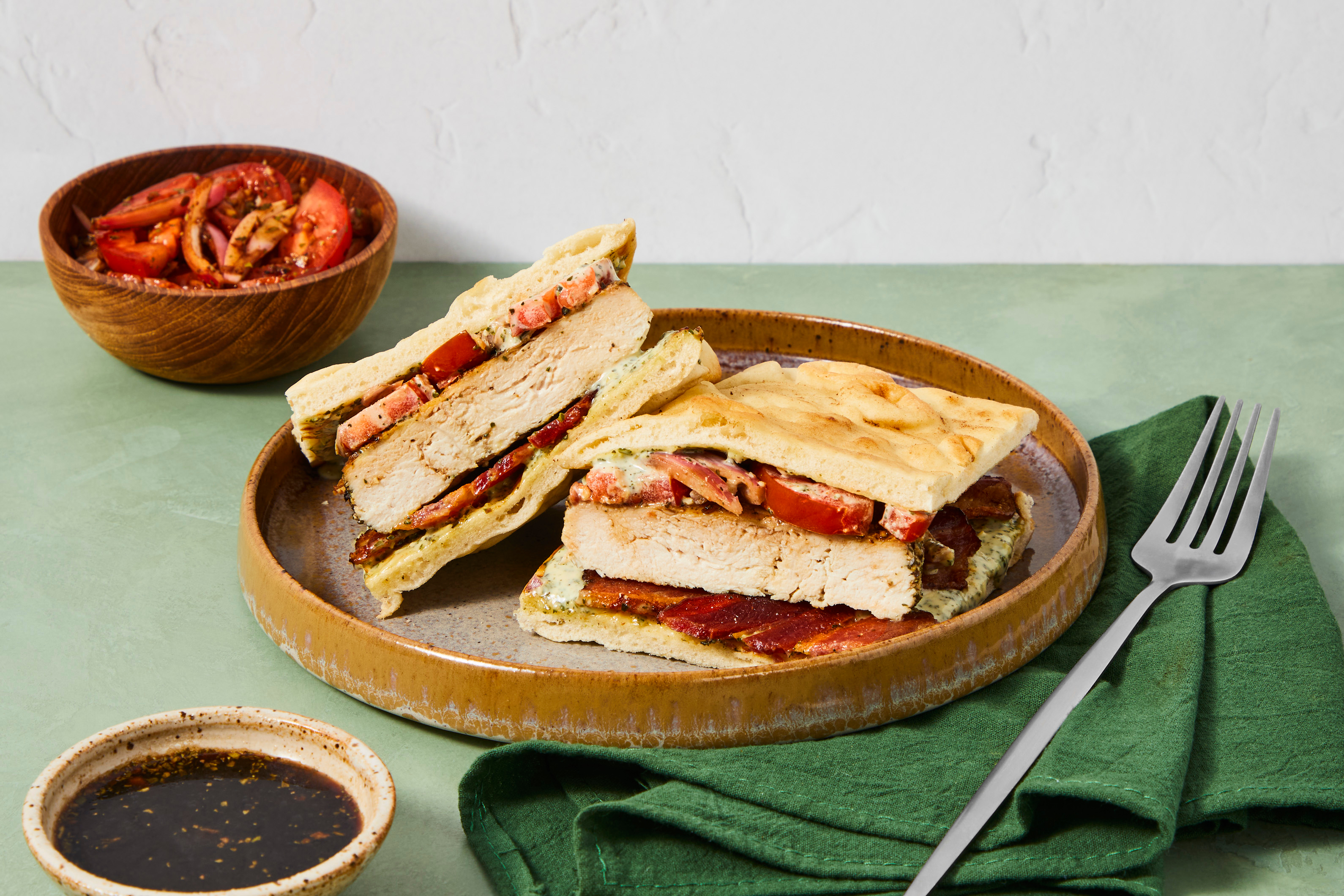 [PROTEIN DOUBLE BACON] MA/CA Only Compliant Chicken & Bacon Flatbread Sandwich with Basil Aioli plus Marinated Tomato Salad