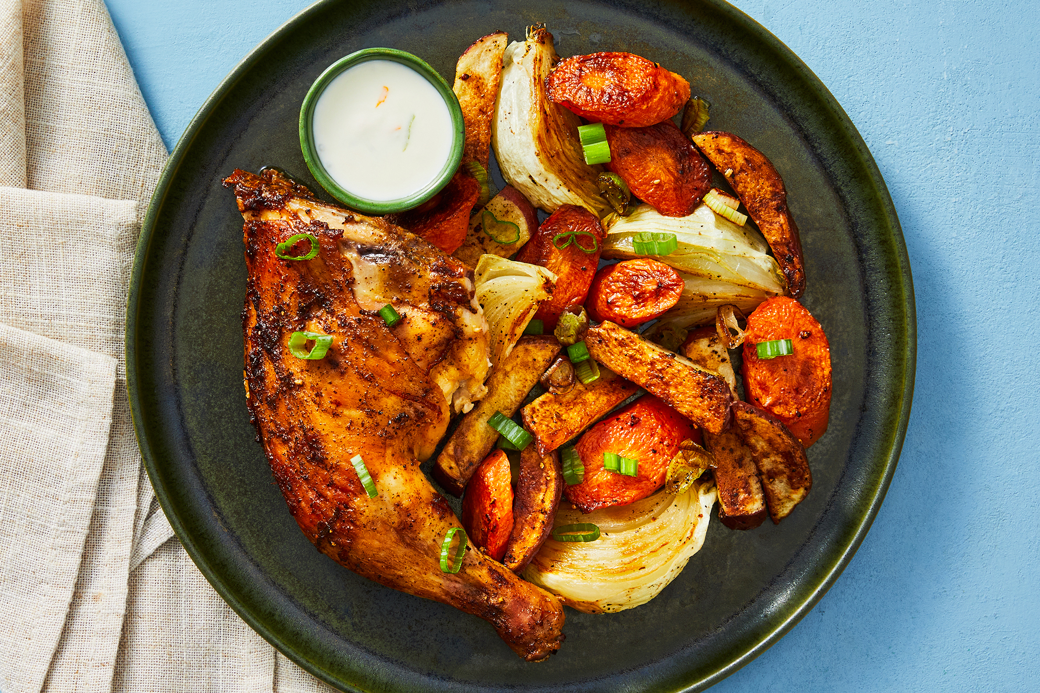 [SIDE VEG SWAP CARROTS TO BRUSSELS SPROUTS] Roasted Ancho Chicken and Vegetables with Citrus Crema