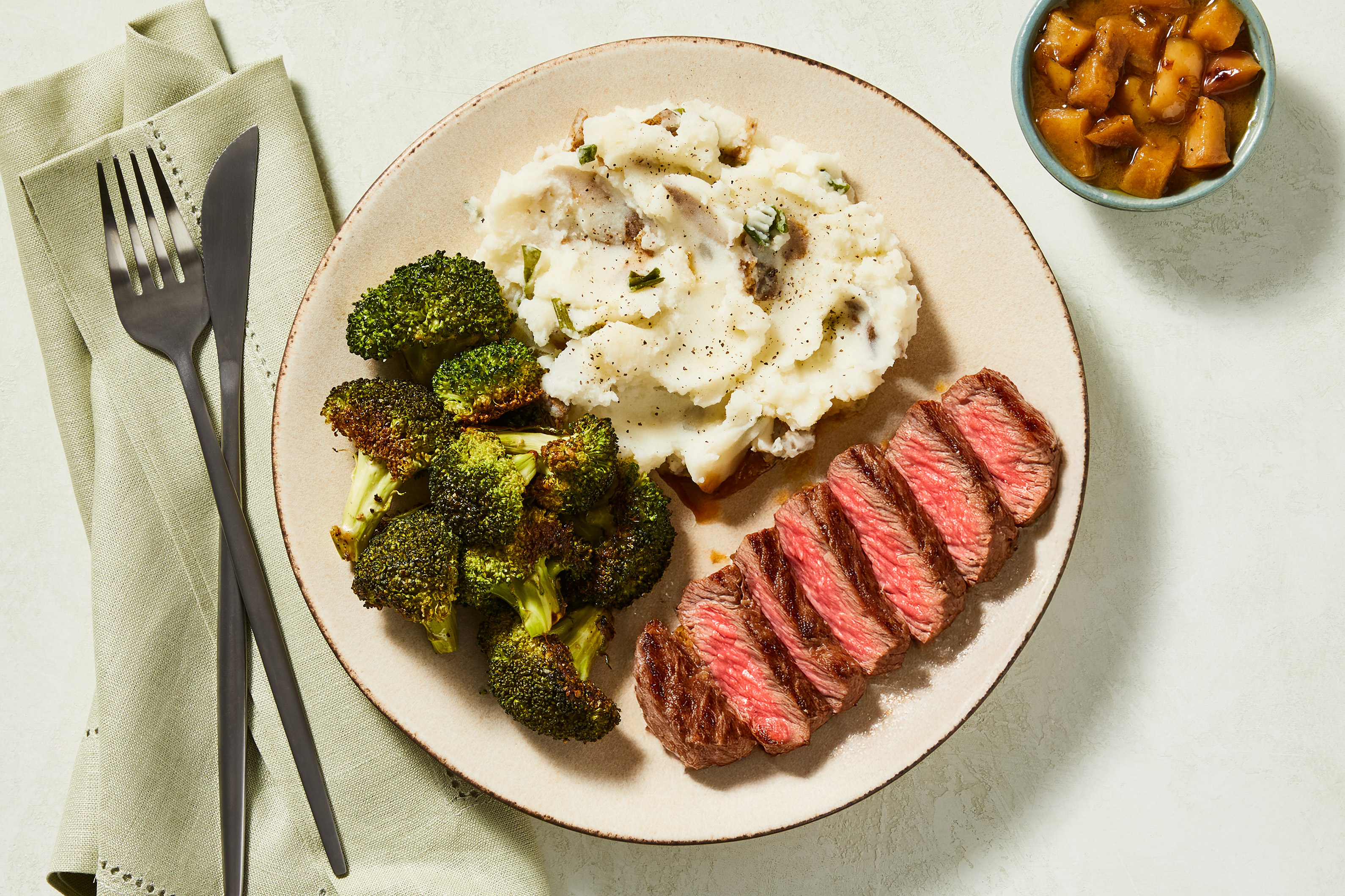 [UPGRADE PORK CHOPS TO BAVETTE STEAK] MA/CA only Brown Sugar Bourbon Pork Chops with Apples, Scallion Mashed Potatoes and Roasted Broccoli Crown