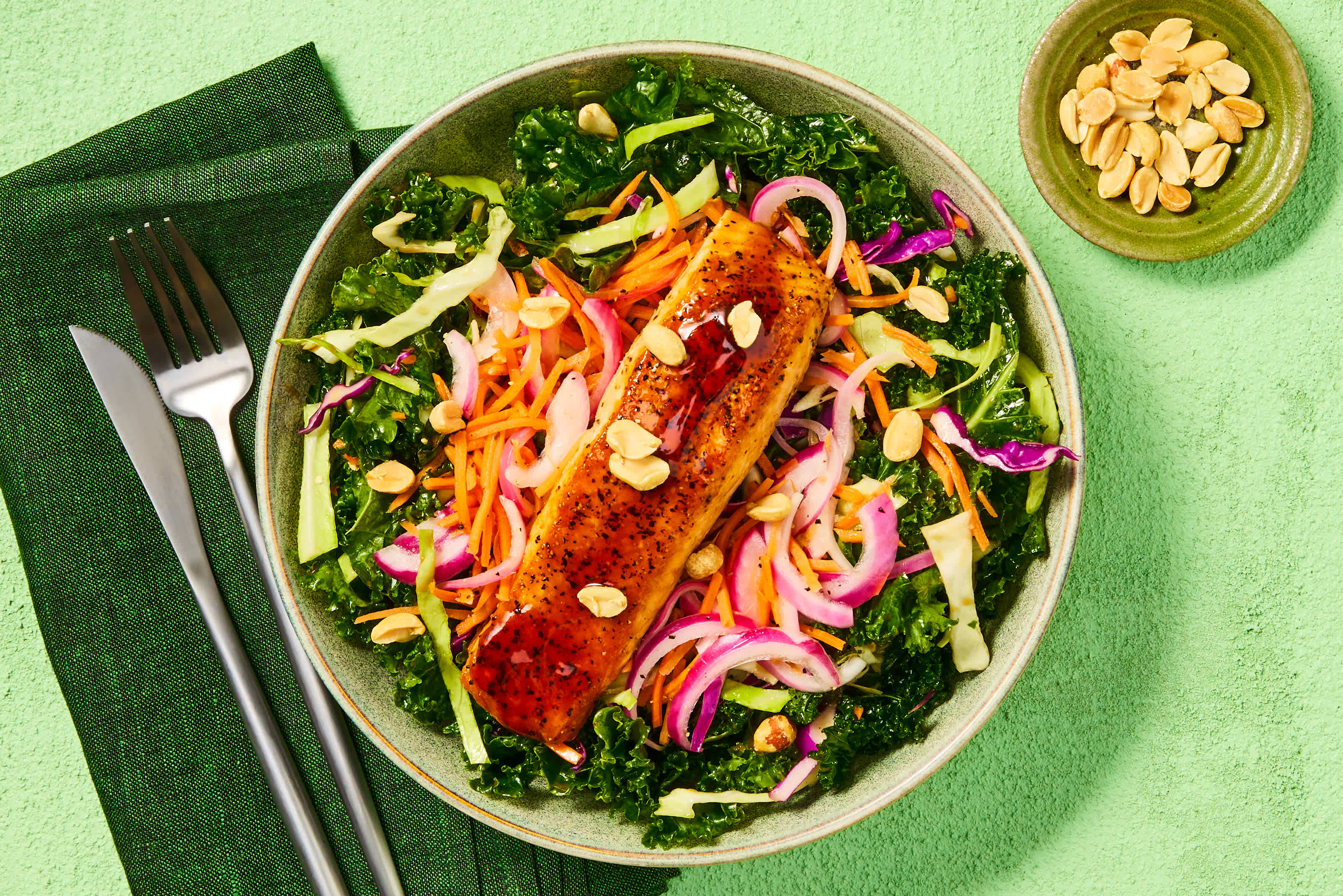 [PROTEIN DOUBLE SALMON] Fast & Fresh Sweet Soy Salmon Salad with Kale, Pickled Veg, & Peanuts