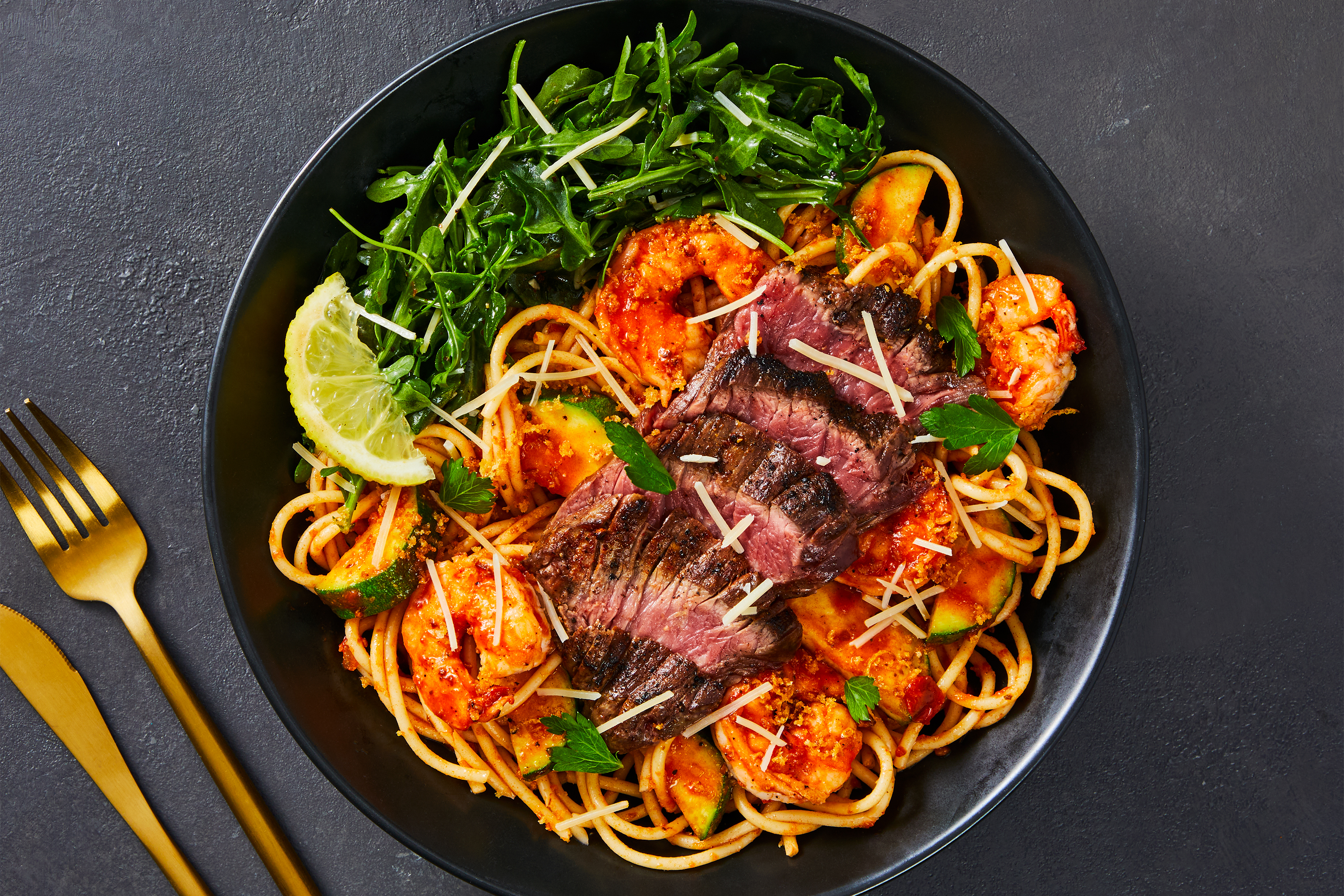 Spicy Shrimp Spaghetti & Steak
