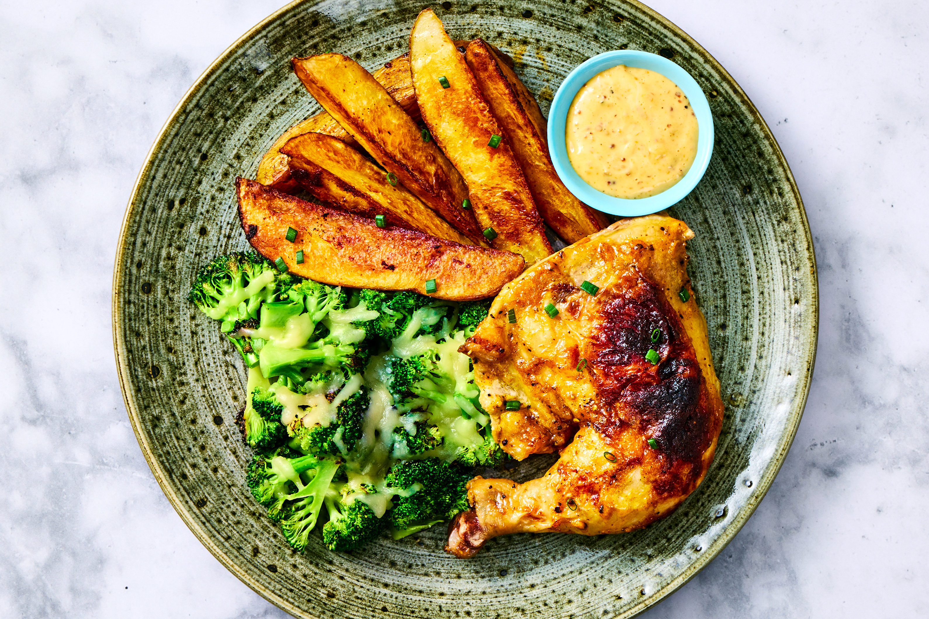[SIDE VEG SWAP BROCCOLI TO BRUSSELS SPROUTS] Honey-Mustard Roasted Half Chicken with Potatoes, Cheesy Broccoli & Crispy Fried Onions