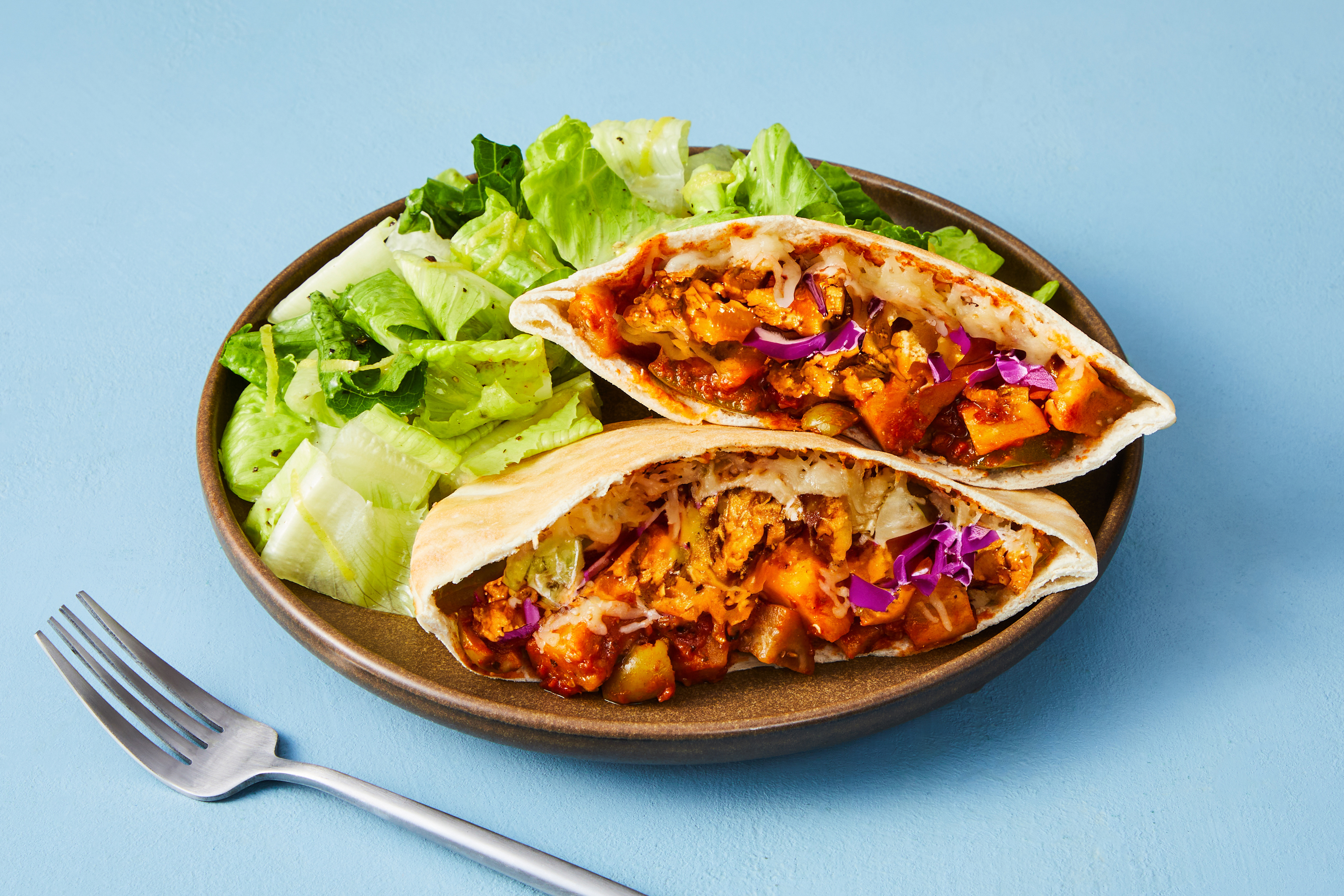 One-Pan Beef & Graffiti Eggplant Pitas