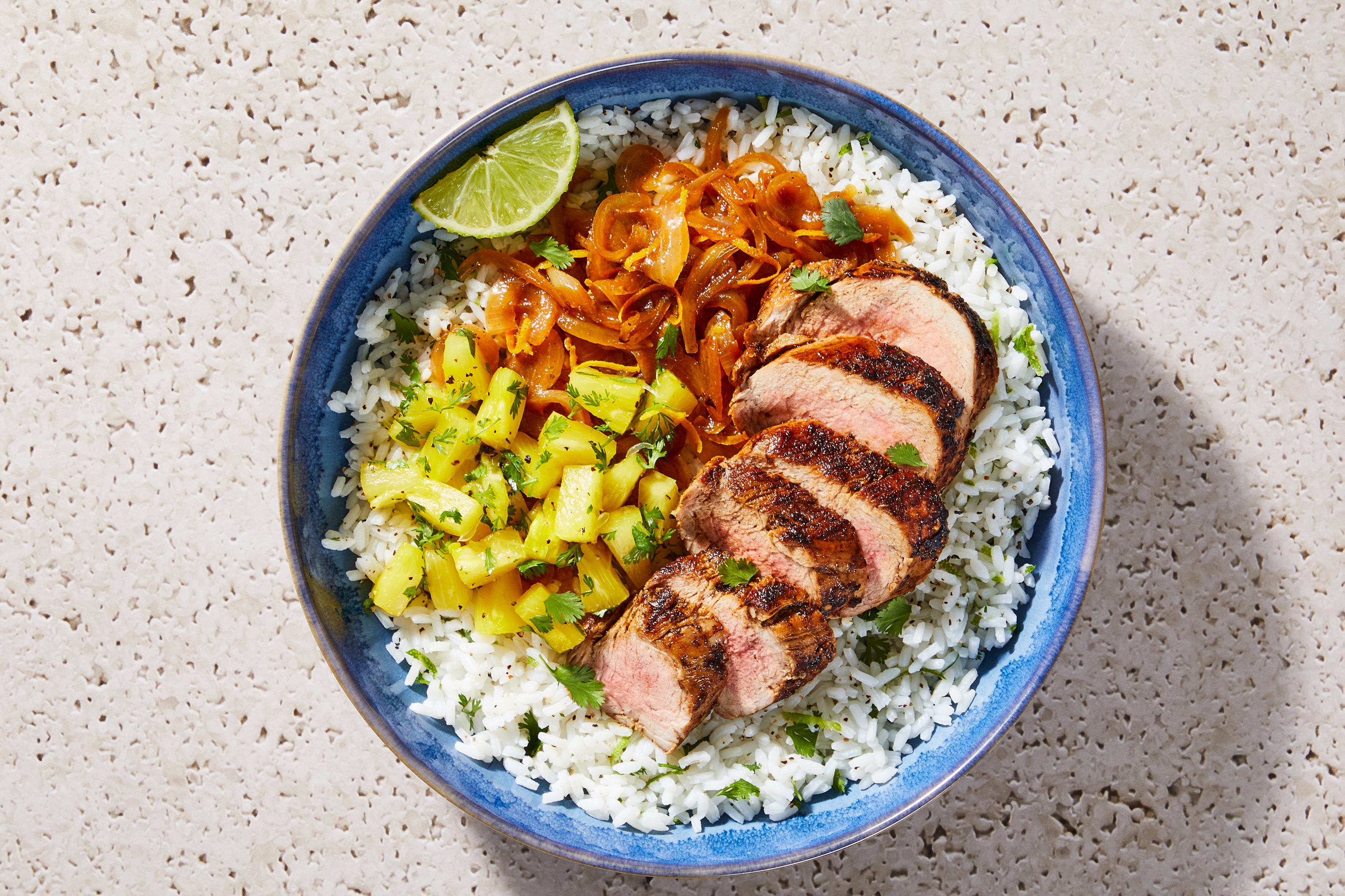 [SWAP PORK FILET TO RANCH STEAK] Cuban Spiced Pork FIlet with Citrus Glazed Onion, Cilantro Rice & Pineapple Salsa