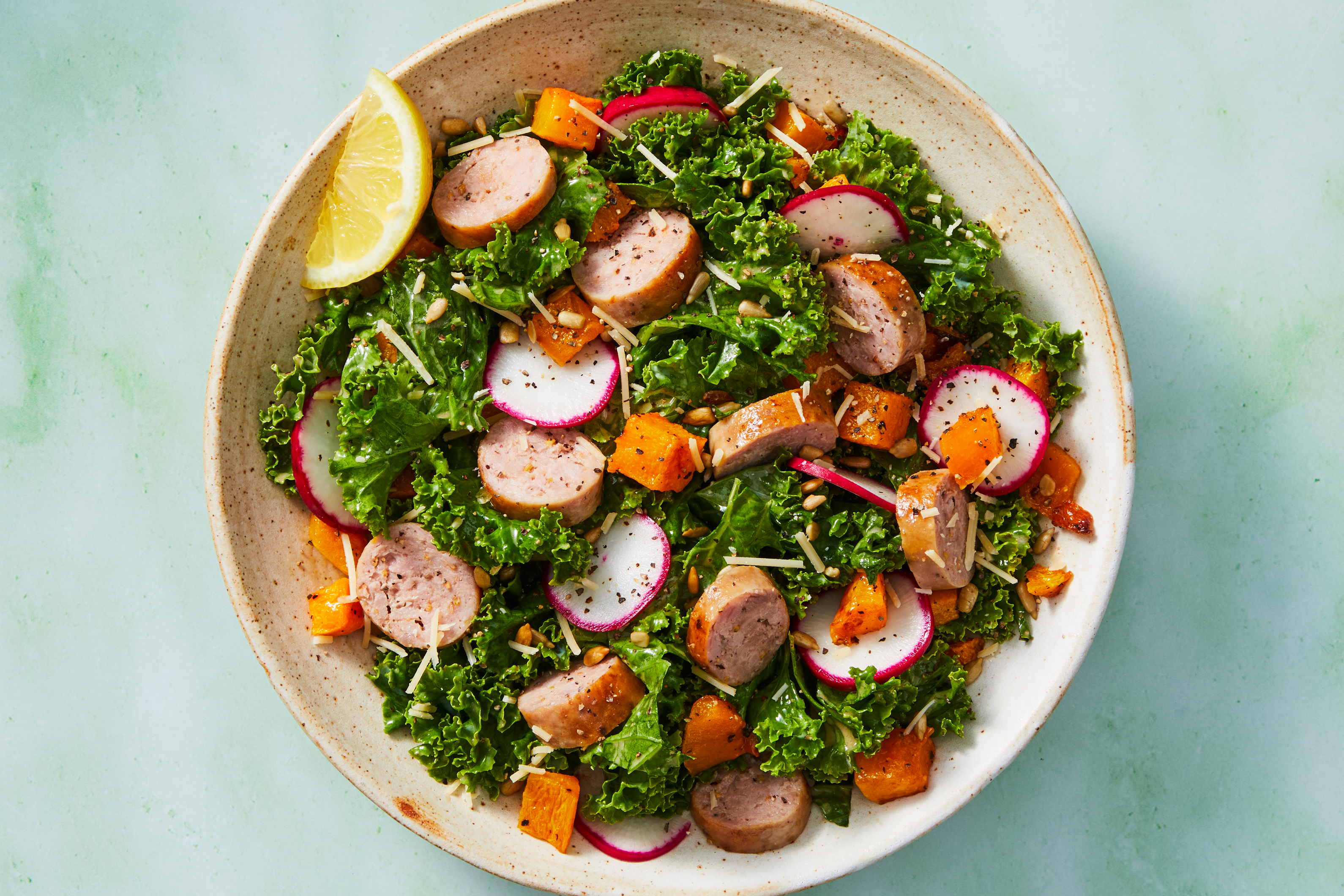 Sheet Pan Sausage with Warm Kale Salad