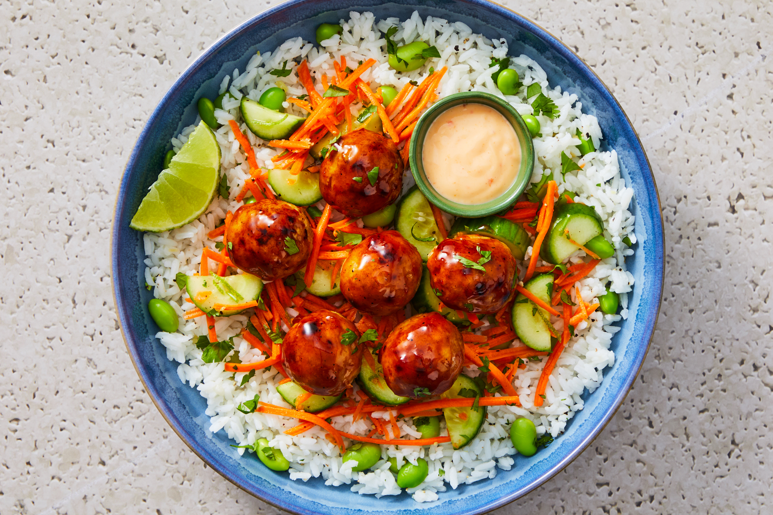 [PROTEIN DOUBLE GROUND TURKEY] Vietnamese Turkey Meatball Bowls with Chili Lime Mayo and Ginger Rice (Rice 0.5c depletion)