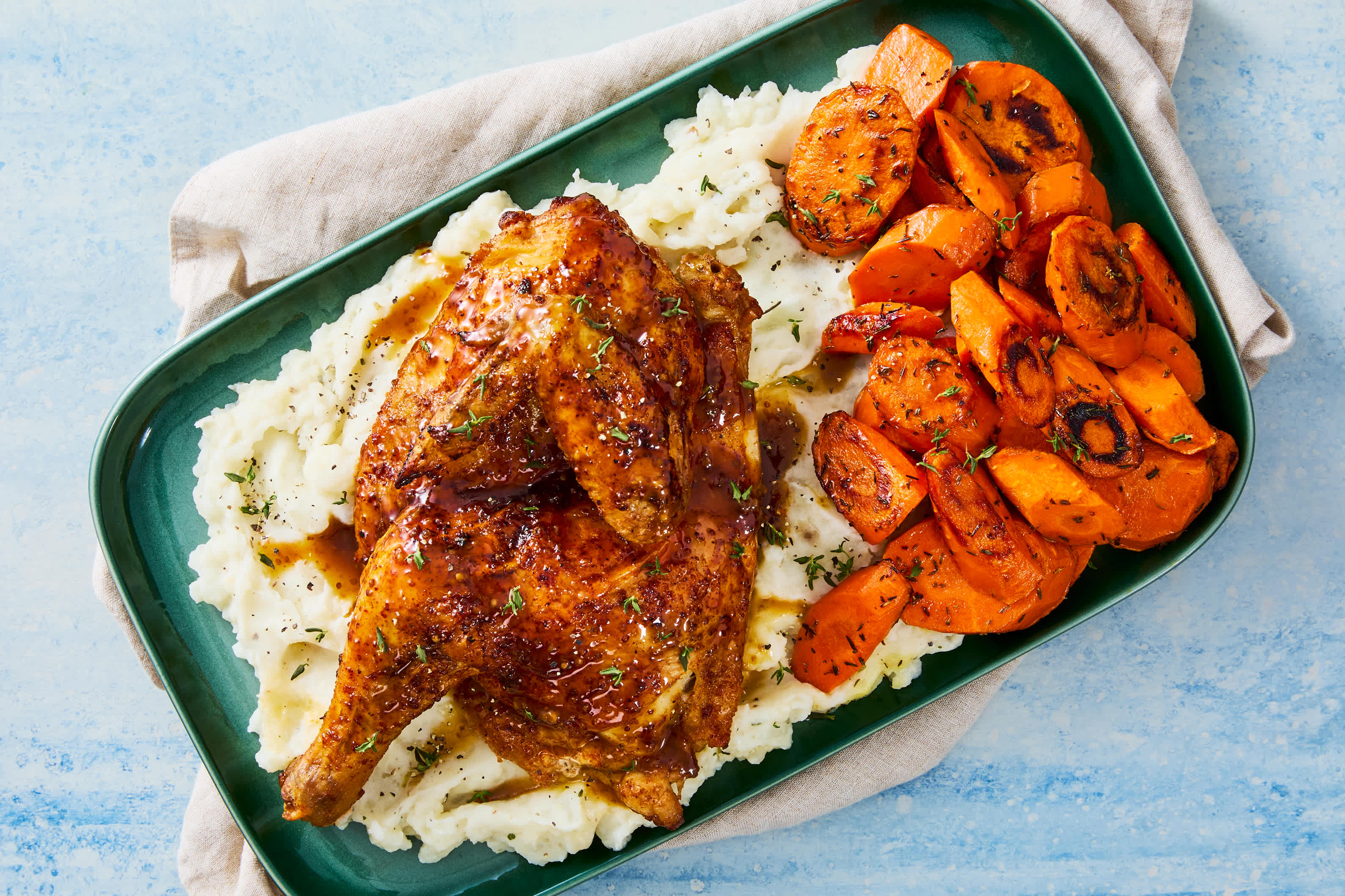 [SIDE VEG SWAP CARROTS TO BRUSSELS SPROUTS] Maple Dijon Half Chicken with Garlic Herb Mashed Potatoes & Thyme Roasted Carrots