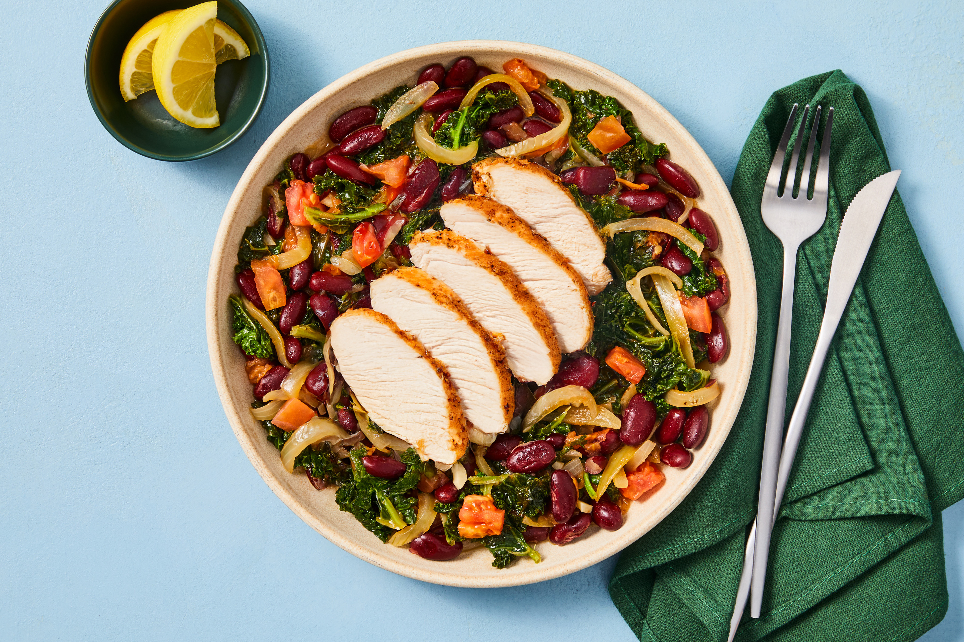 One-Pan Organic Chicken with Red Beans & Kale