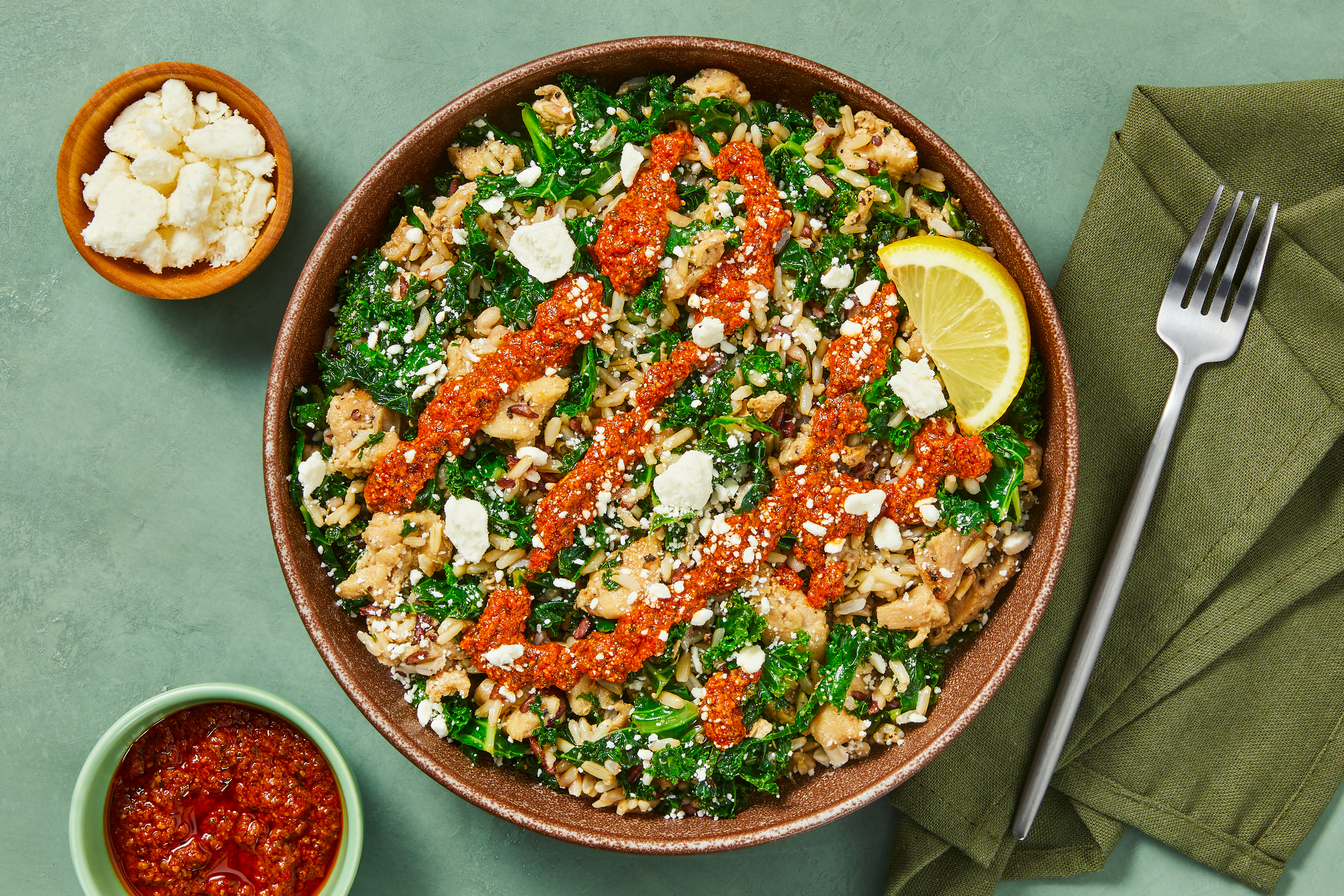 Romesco Chicken, Kale & Feta Grain Bowls