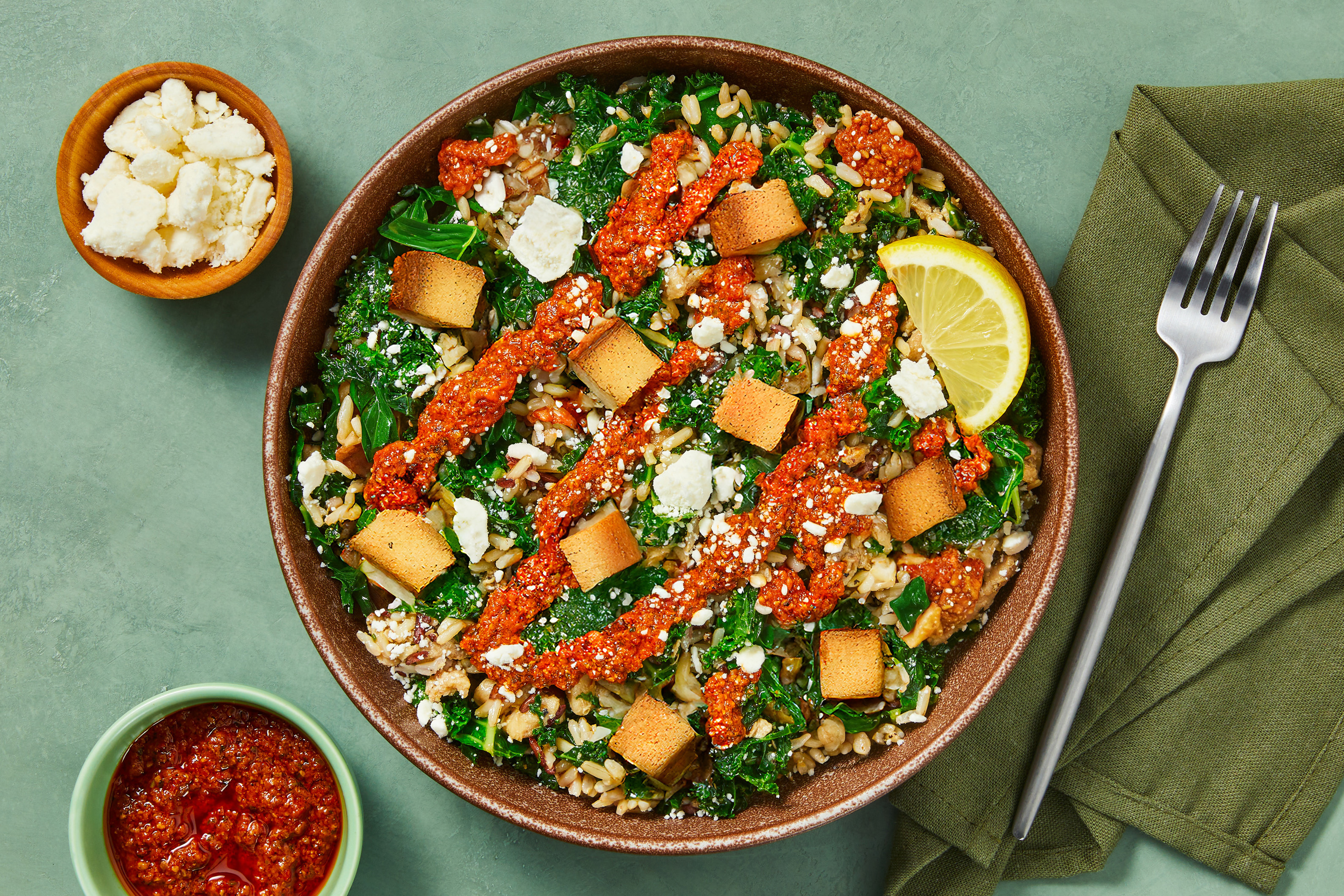 Romesco Tofu, Kale & Feta Grain Bowls