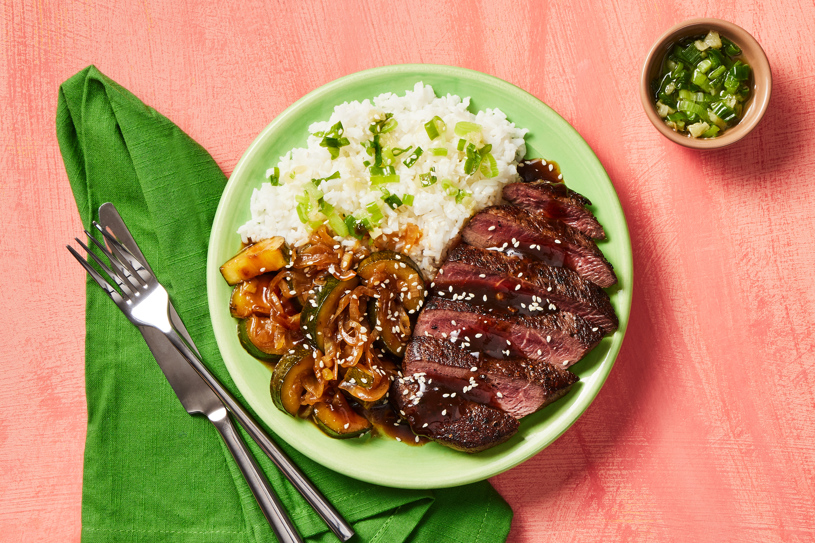 [SIDE VEG DOUBLE ZUCCHINI] Soy Glazed Steak with Stir-Fried Zucchini, Scallion Ginger Oil, and Jasmine Rice