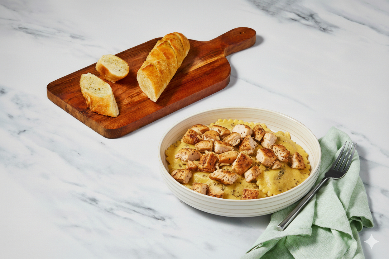 Super-Quick Chicken Agnolotti & Garlic Bread