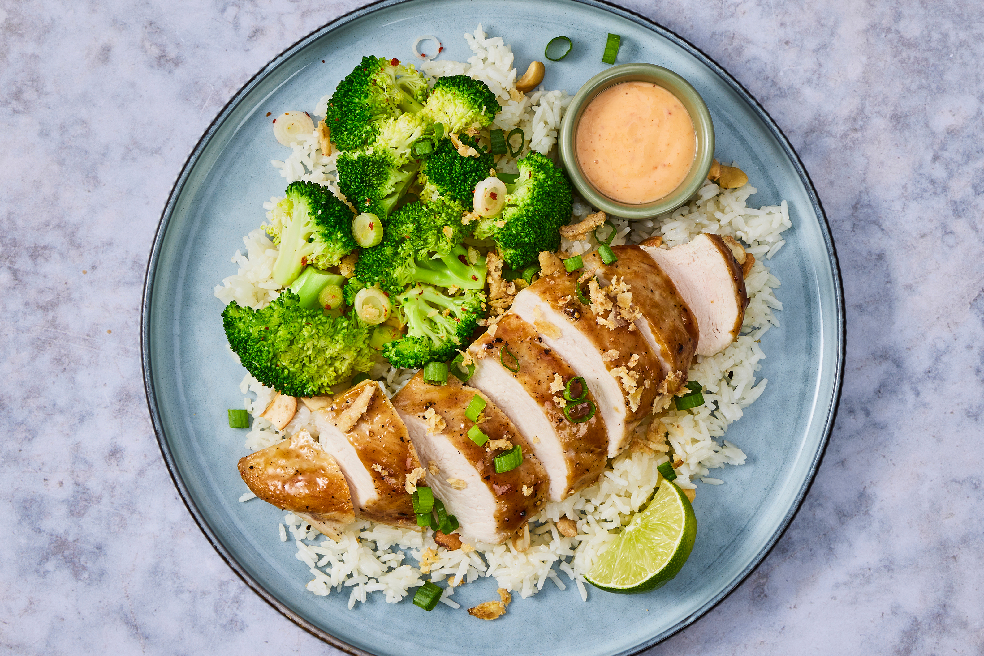 [UPGRADE CHICKEN CUTLETS TO SALMON] Soy-Glazed Chicken Cutlets with Cashew Rice and Chili Scallion Broccoli