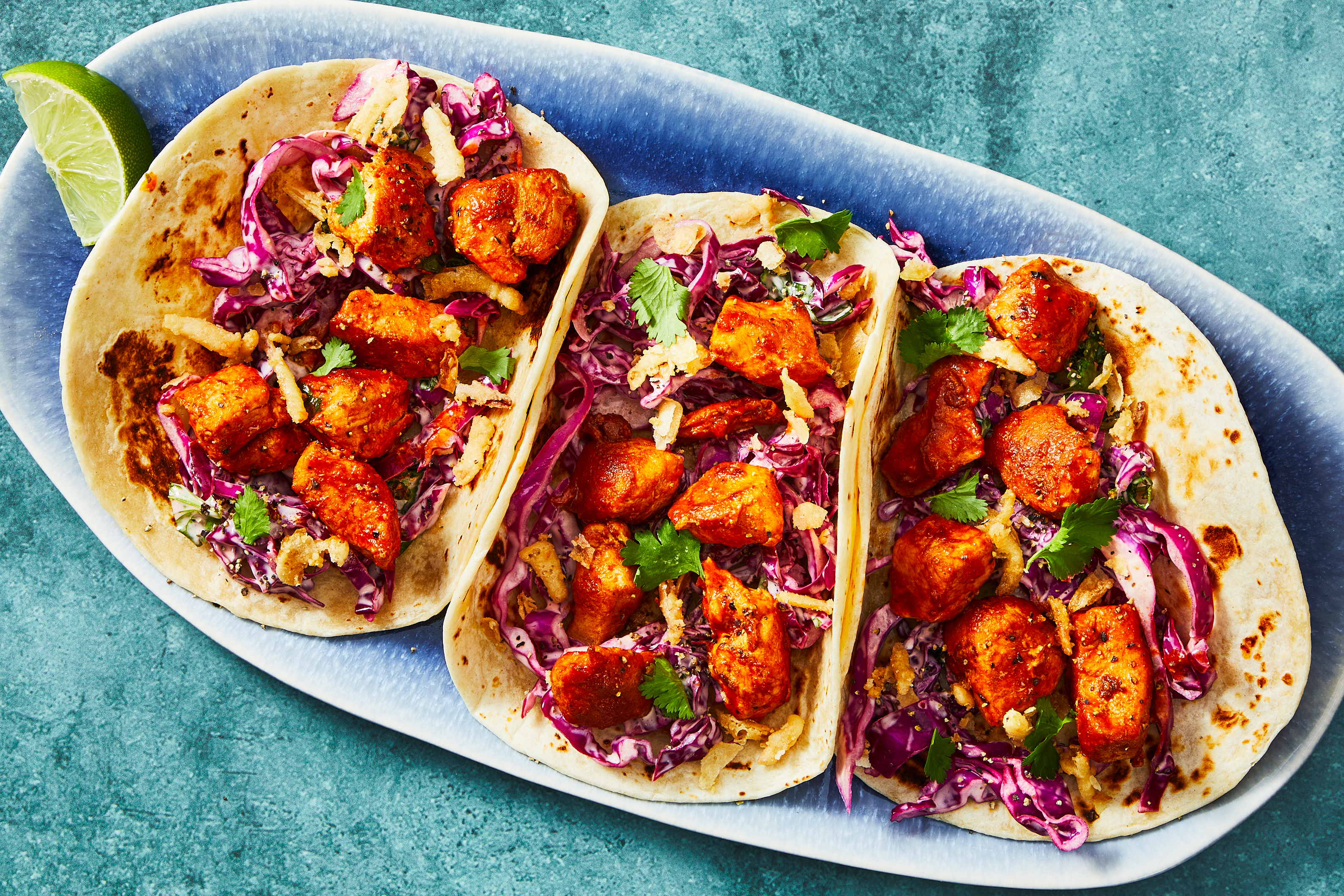 Saucy Cumin Chicken & Slaw Tacos