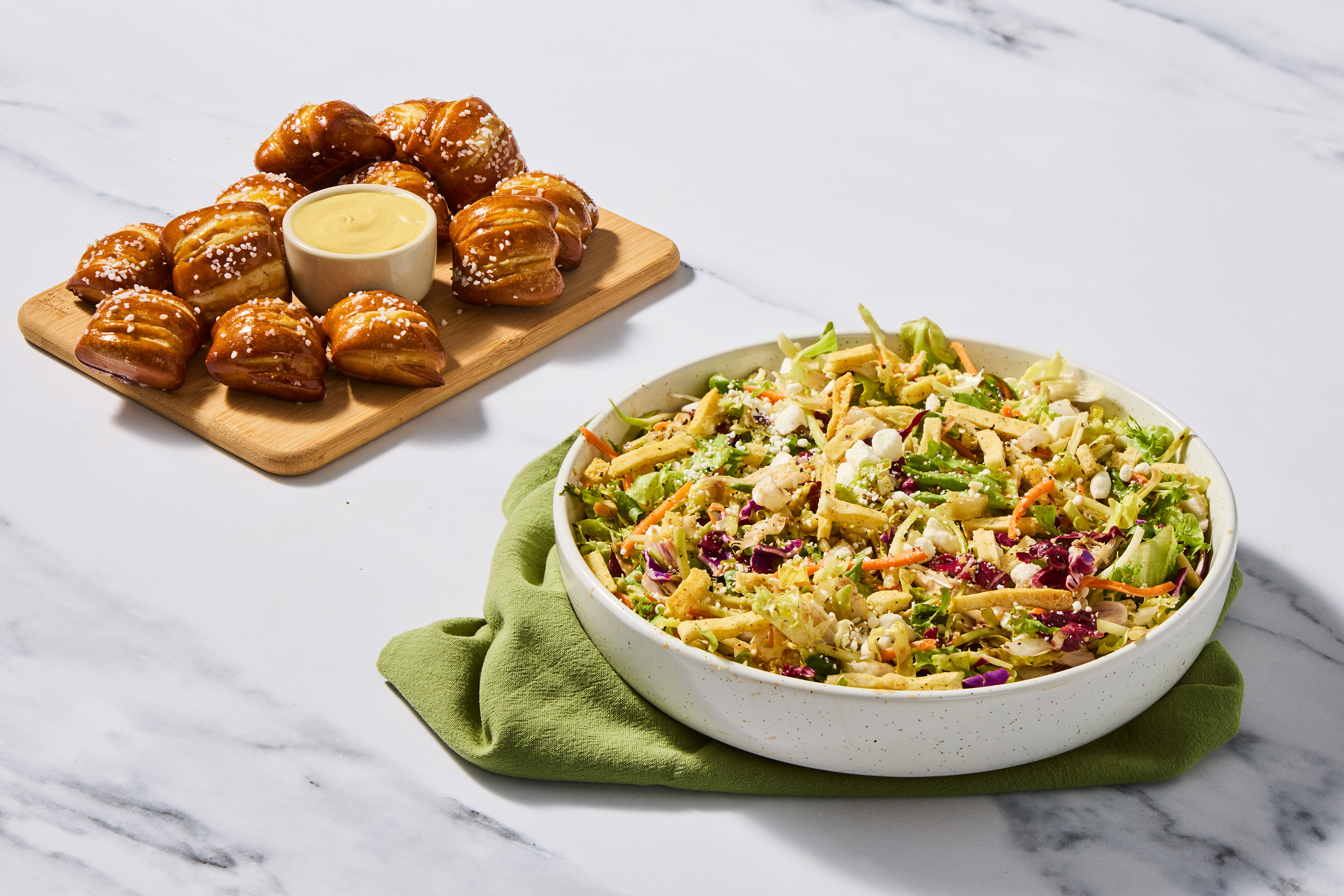 Super-Quick Mediterranean Crunch Salad & Pretzel Nuggets