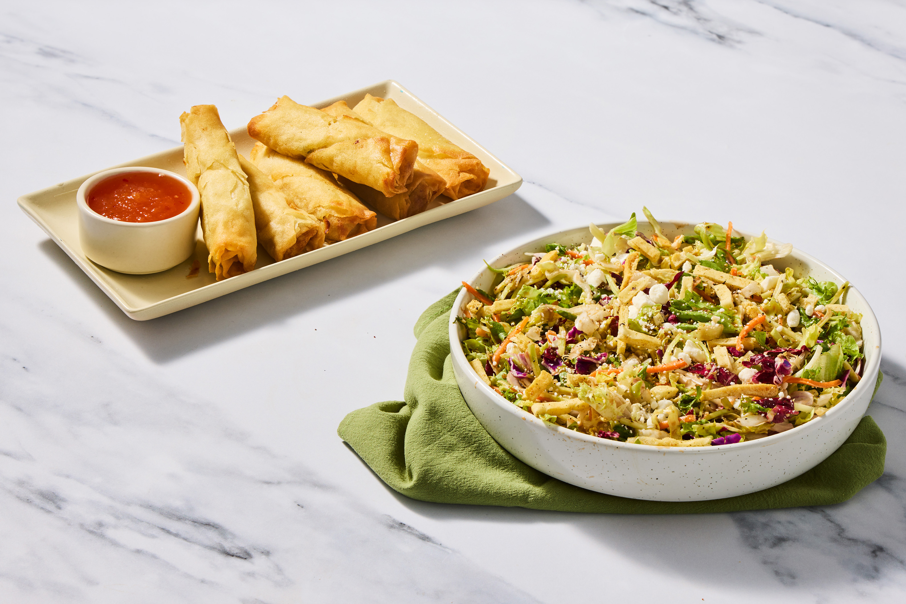 Super-Quick Chicken Spring Rolls & Mediterranean Salad