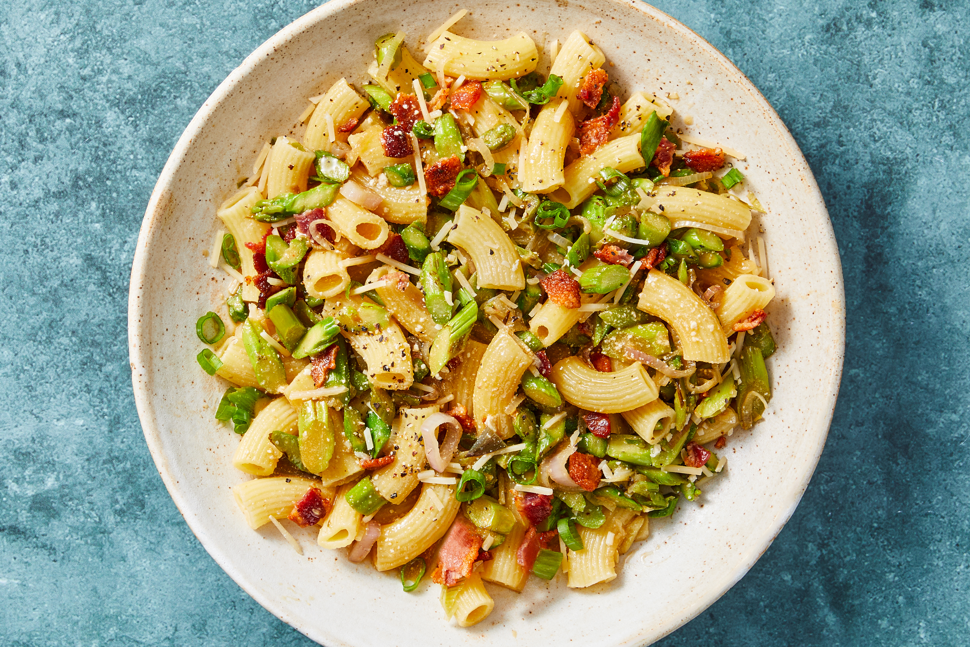 Creamy Miso Rigatoni with Bacon, Caramelized Shallots, Asparagus and Parmesan COMPLIANT
