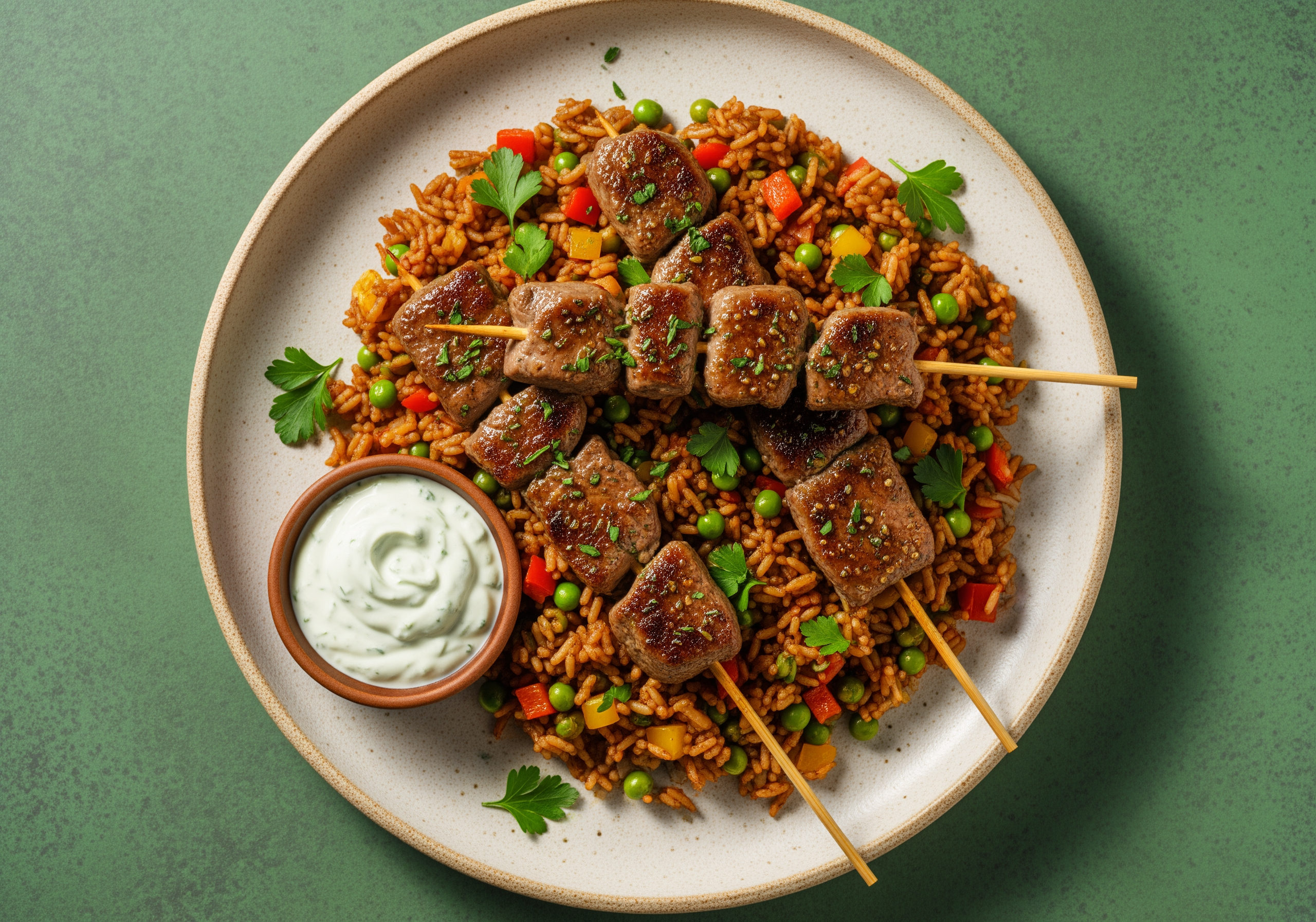 [PROTEIN DOUBLE RANCH STEAK] Peruvian Steak Skewers with Creamy Salsa & Arroz Chaufa
