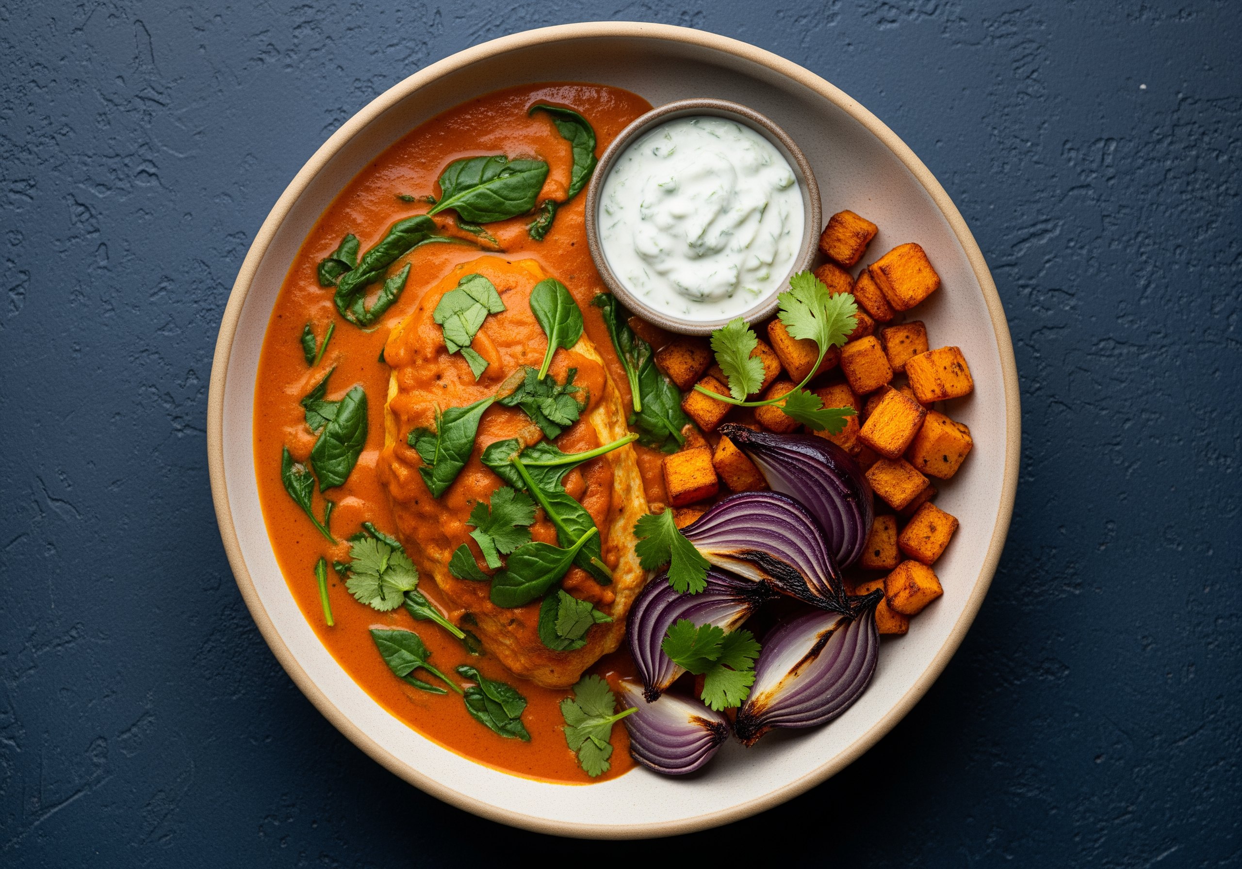 [PROTEIN DOUBLE CHICKEN CUTLETS] GLP-1 Friendly Tomato Curry Simmered Chicken & Spinach with Roasted Potato & Onion Jumble