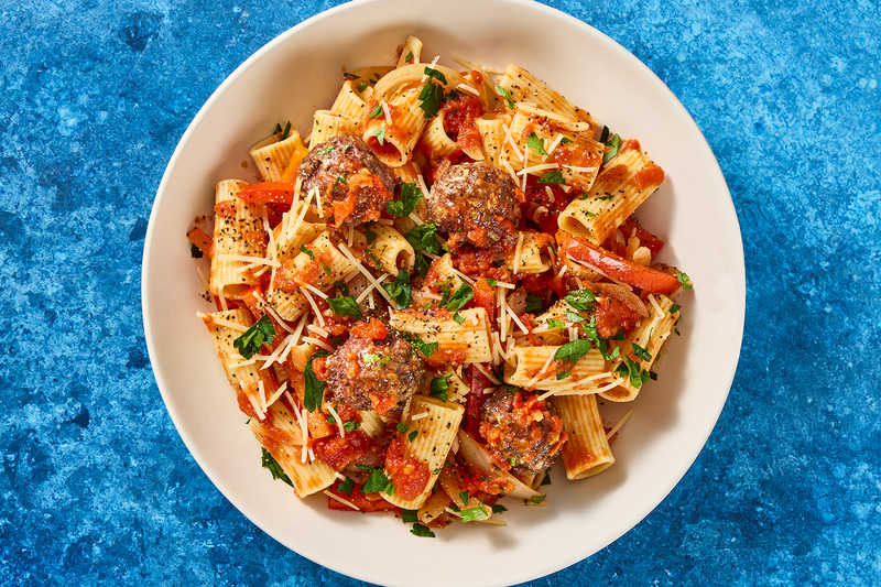Beef Meatballs with Sweet Pepper Pepperonata and Rigatoni