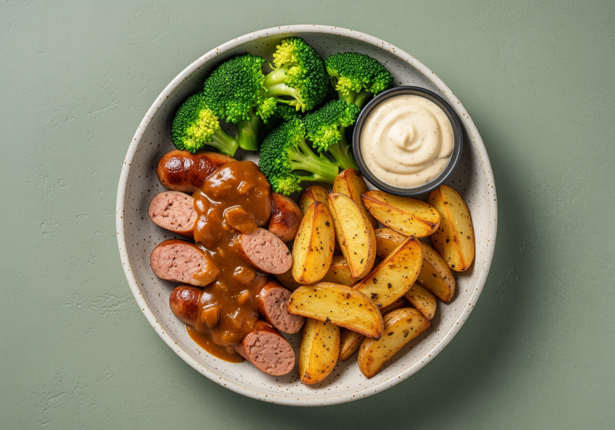 [PROTEIN DOUBLE BRATWURST SAUSAGE] Currywurst with Potato Wedges and Broccoli