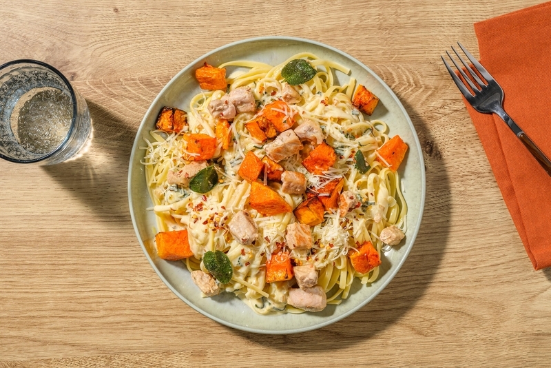 Linguines au filets de poitrine de poulet et à la courge musquée