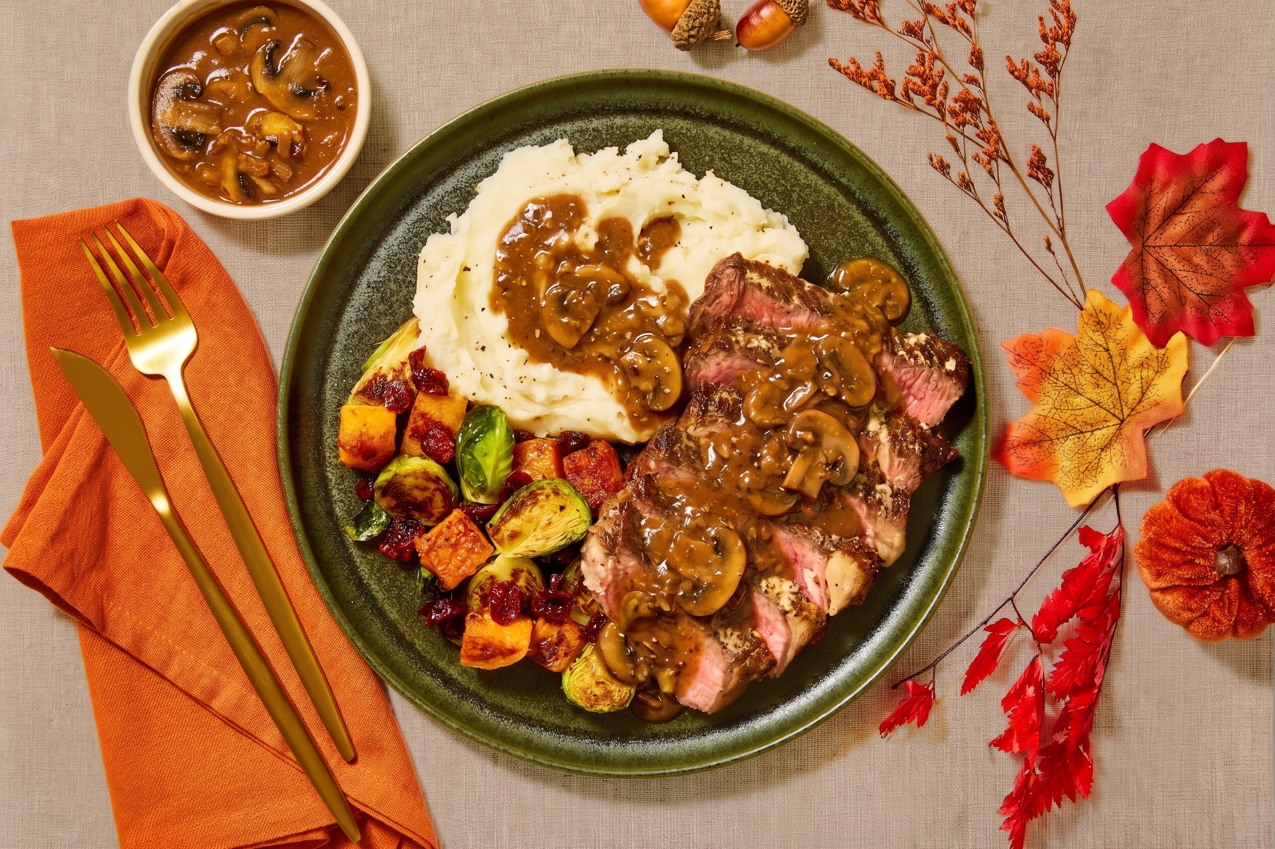 Steak de filet de bœuf à l'ail et sauce aux champignons et au thym