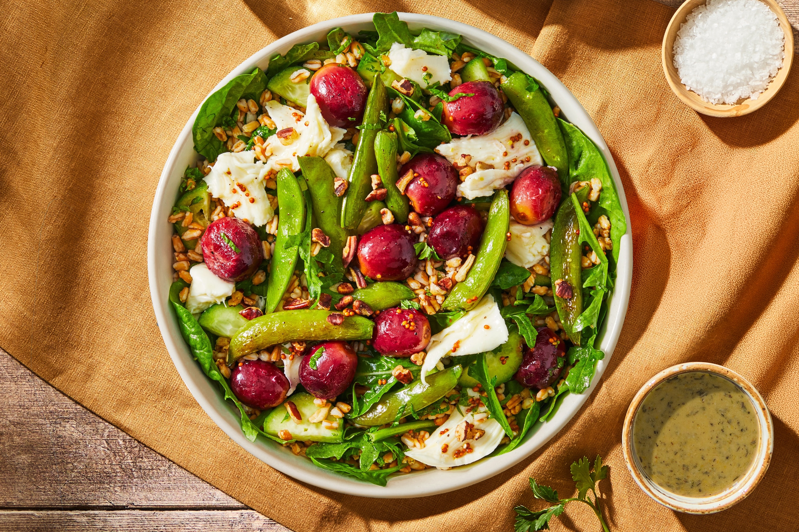 Farro Bowls with Mozzarella, Roasted Grapes and Mustard-Mint Dressing