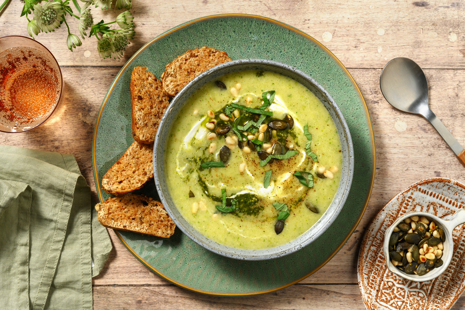 Courgette & Parsnip Soup with Pine Nuts & Pesto