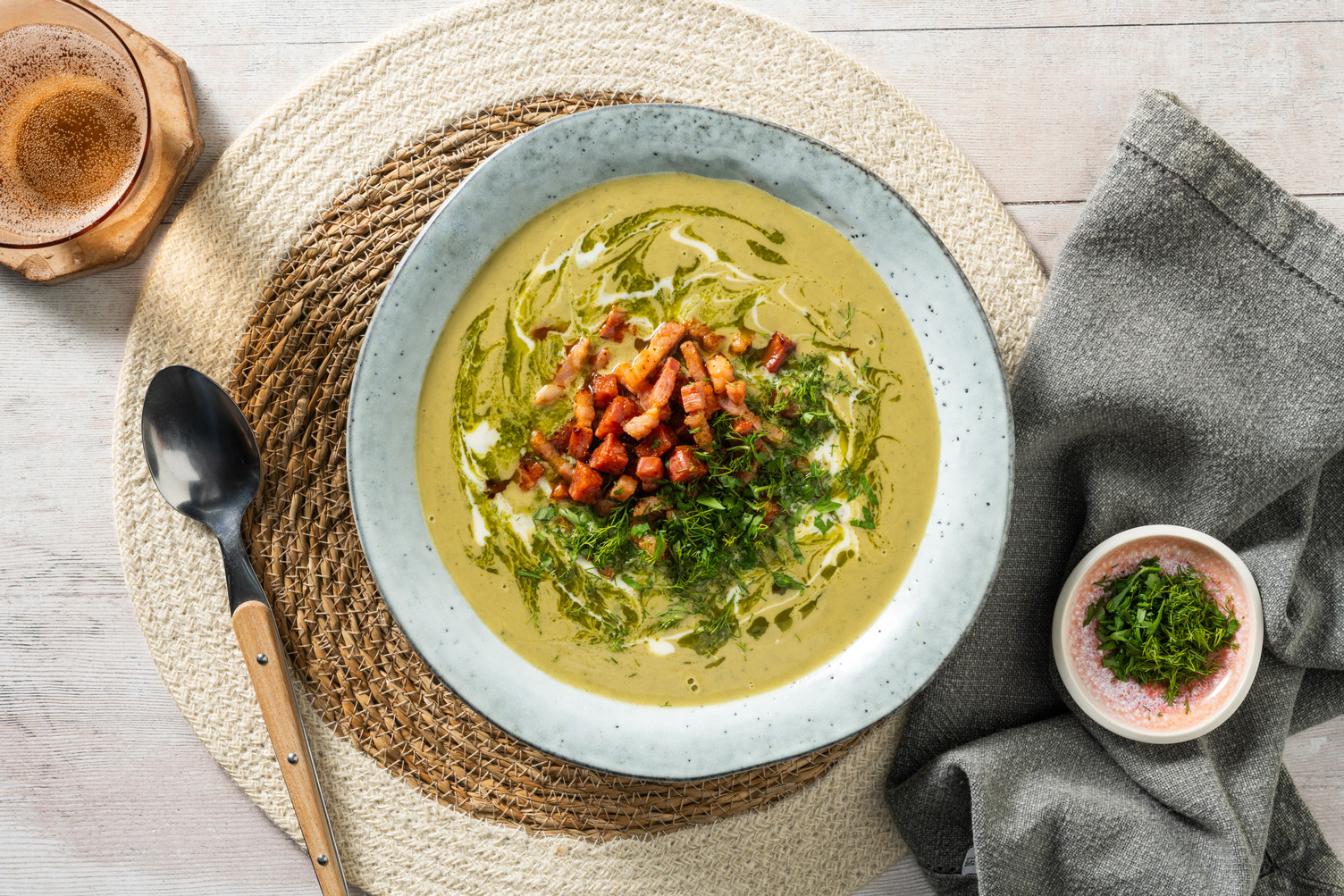 Broccoli & Courgette Soup with Chorizo and Bacon
