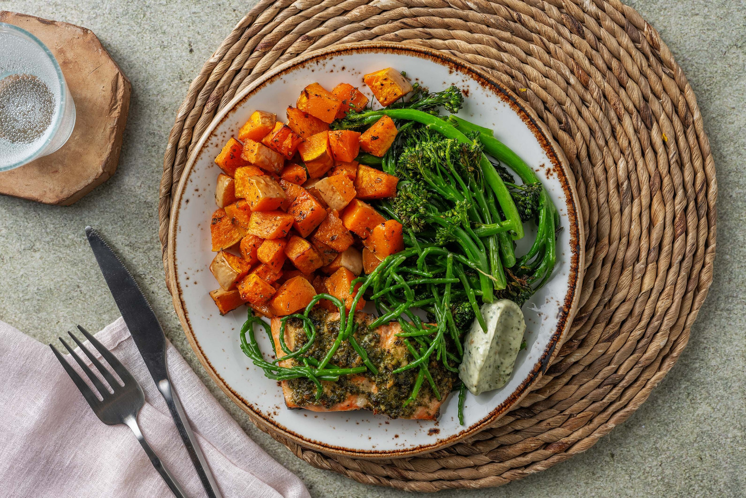 Pesto Baked Salmon and Oregano Butternut Squash