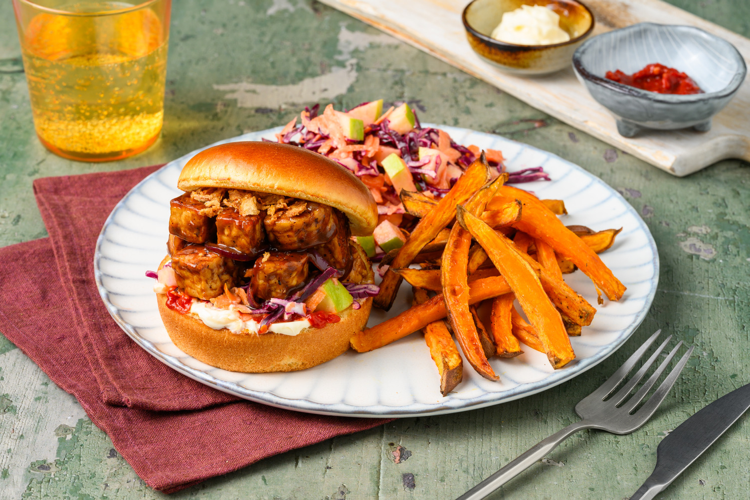 Tempeh Burger with Sweet Potato Fries