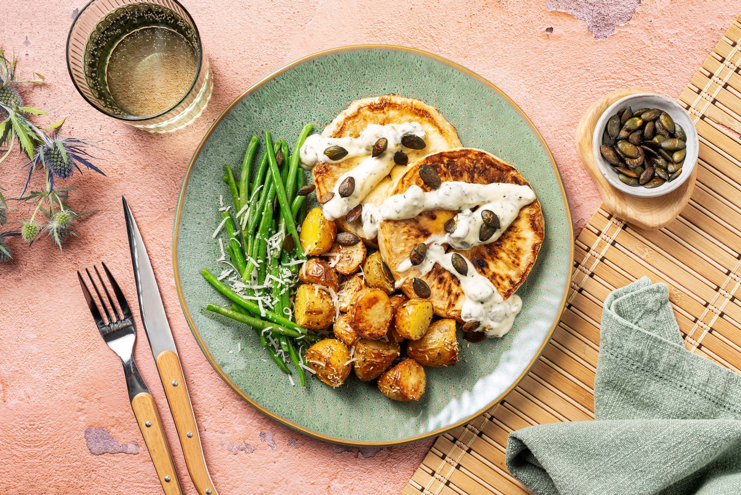 Celeriac Steak with Rosemary Potatoes and Green Beans