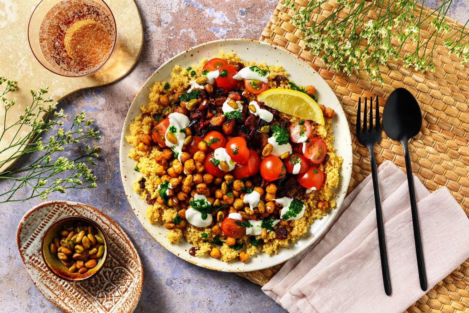 Couscous met aubergine en geroosterde kikkererwten