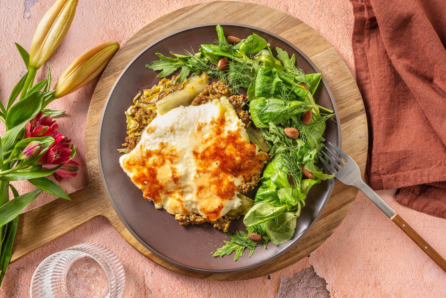 Gratin met gehakt, prei en bloemkool