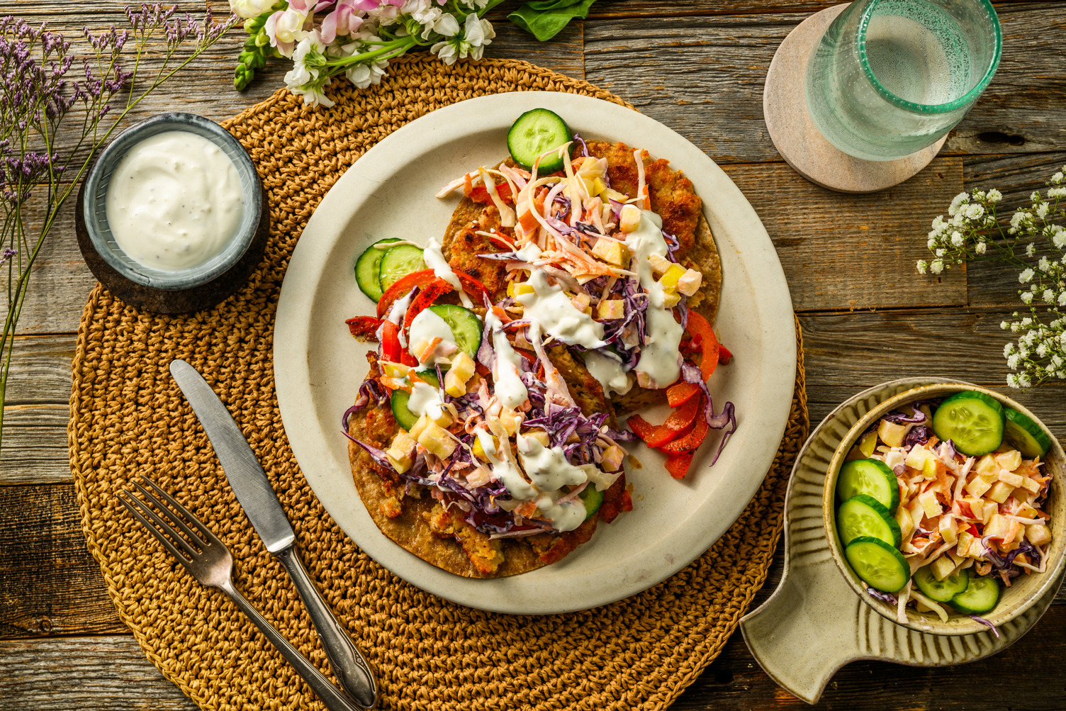 Smashed burger in tortilla met feta-yoghurt