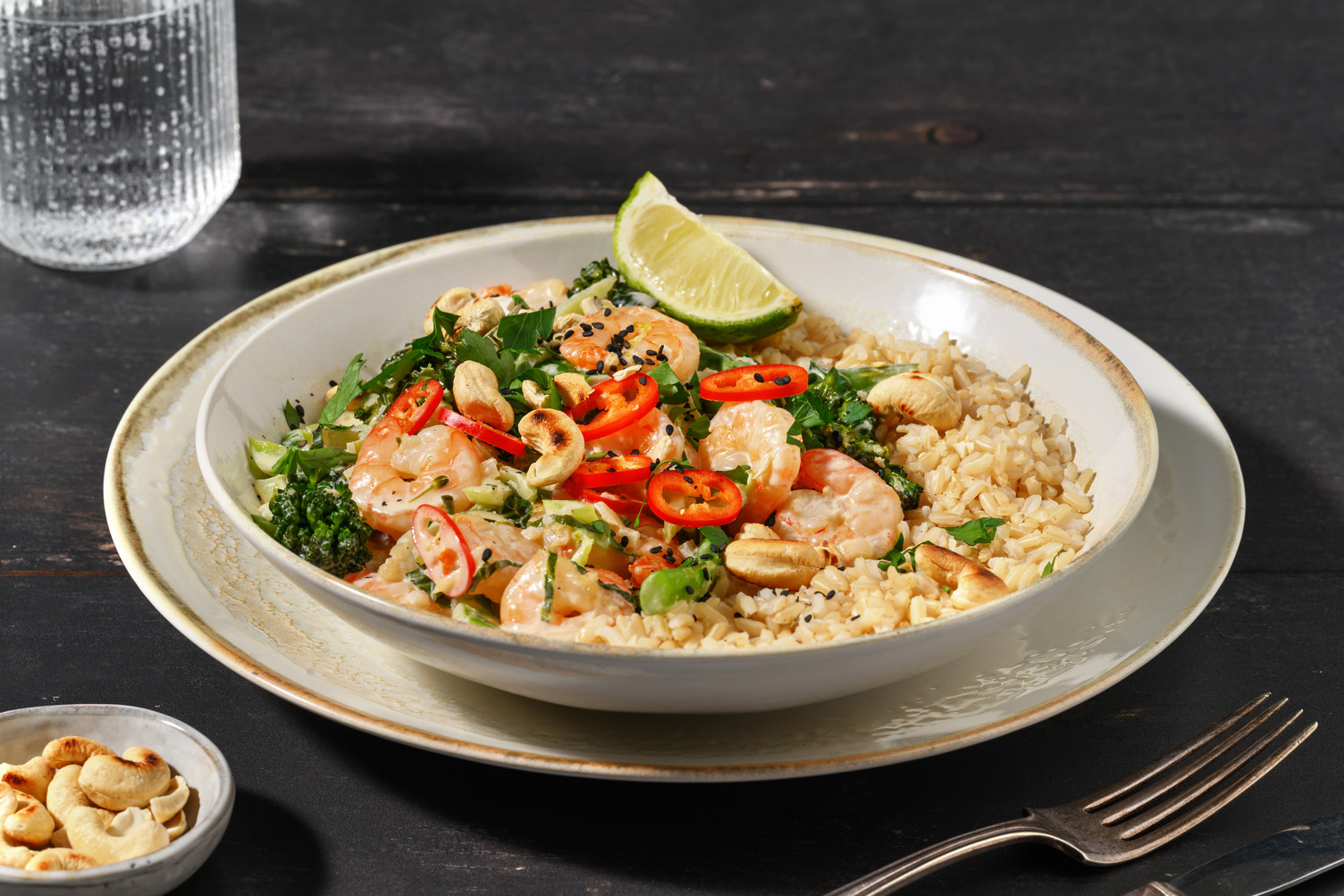 Thaise groene curry met garnalen en broccolini