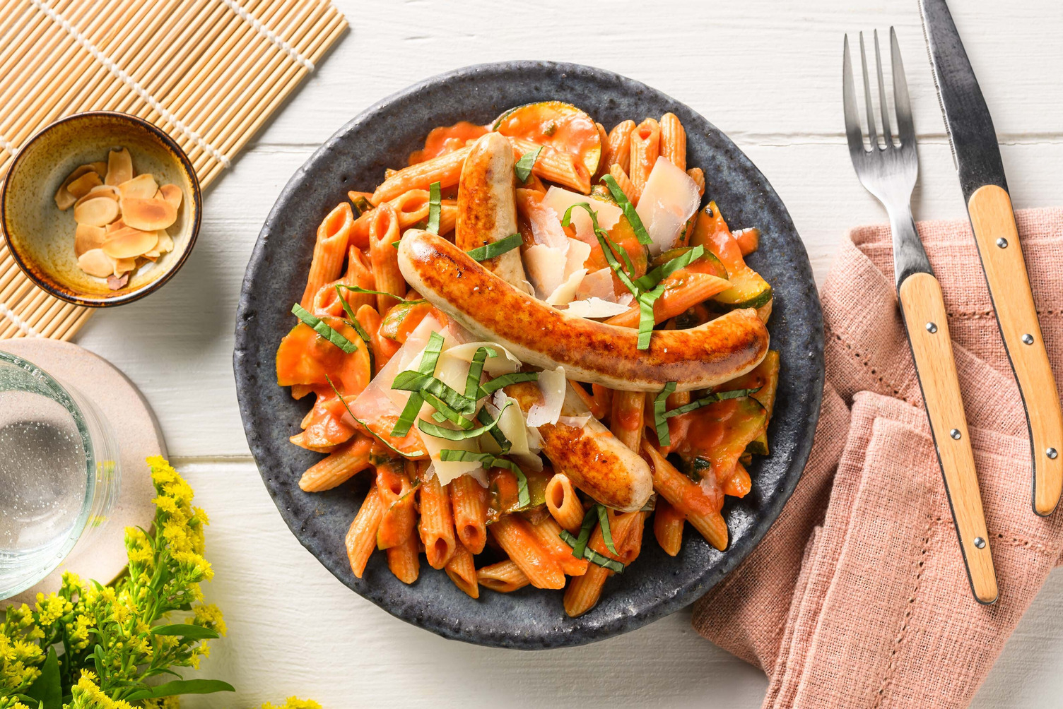 Penne met courgette in romige tomatensaus en kipgehaktballetjes