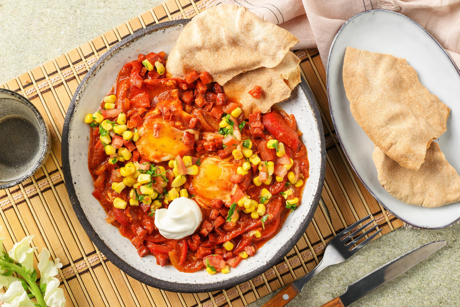 'Huevos Ahogados' with Chorizo, Avocado & Feta