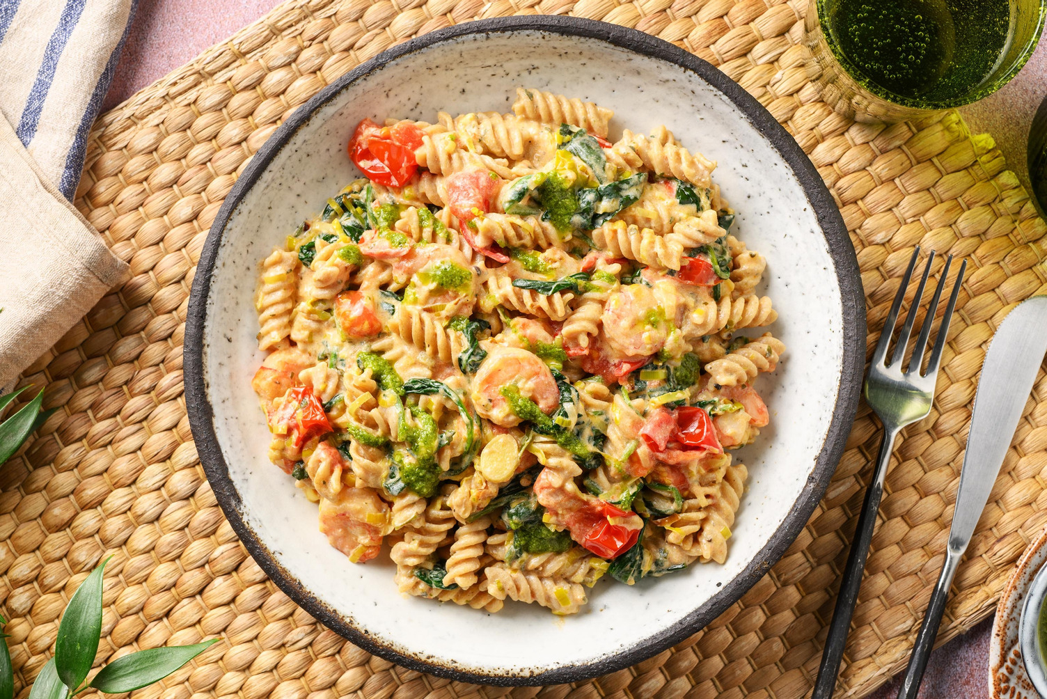 Romige fusilli met garnalen