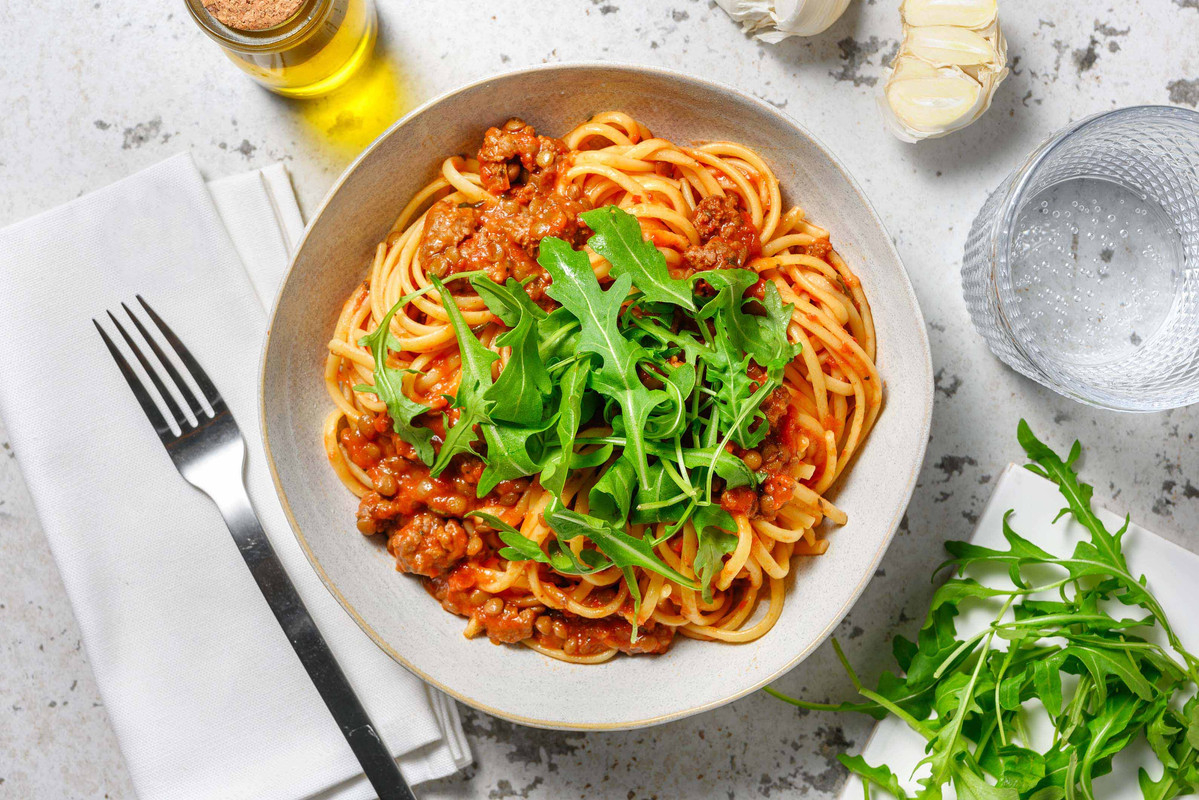 Beef and Lentil Linguine Bolognese