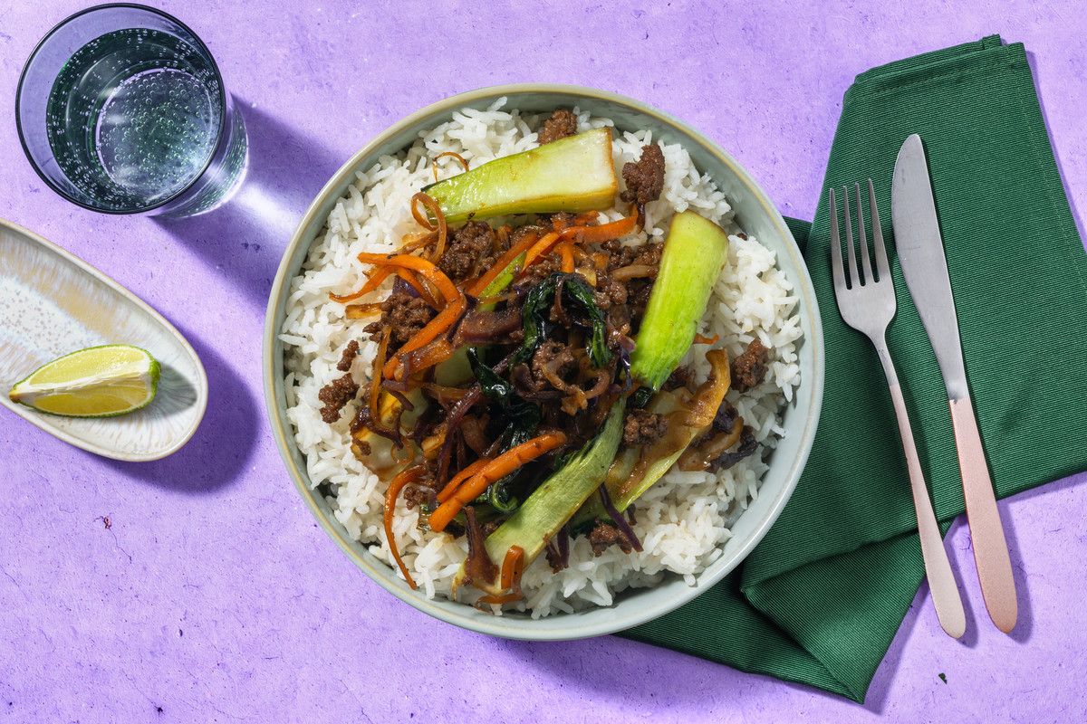 Sticky Honey Indonesian Style Meat-Free Mince Rice Bowl