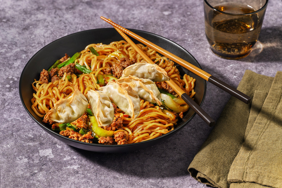 Quick Teriyaki Beef Noodles and Vegetable Gyozas