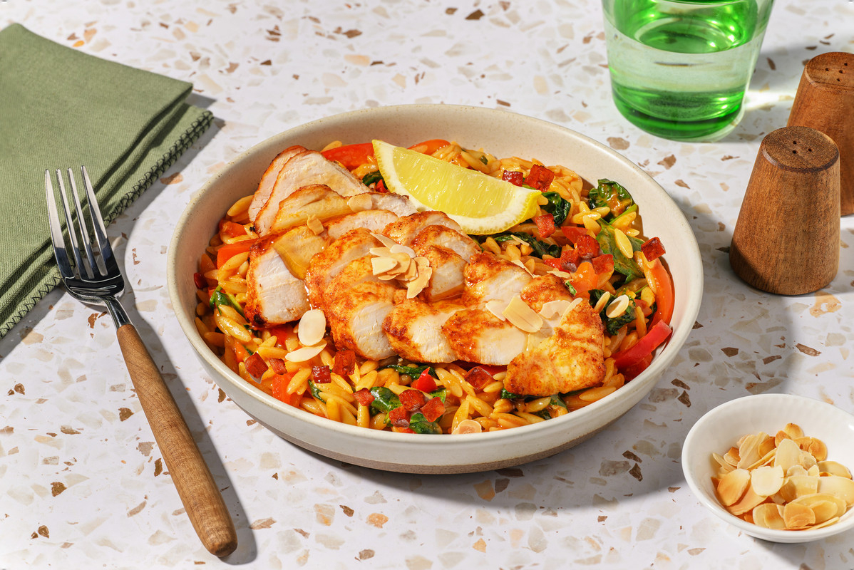 Spanish Inspired Paprika Chicken and Chorizo Orzo