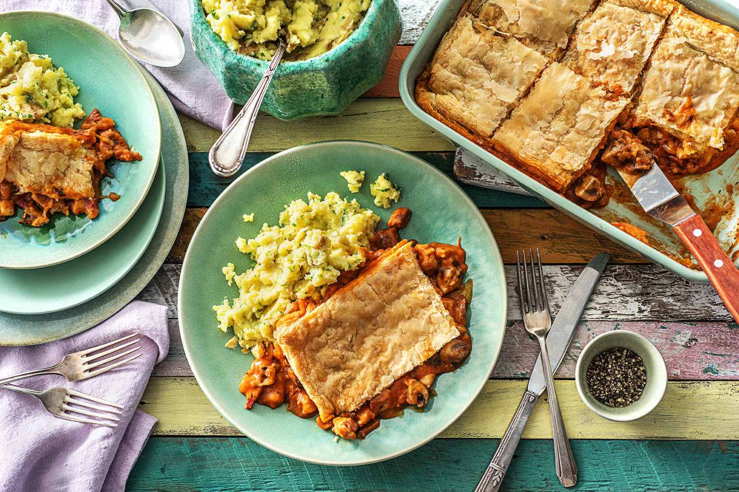 Coq au Vin Style Pie with Cheesy Herby Mash