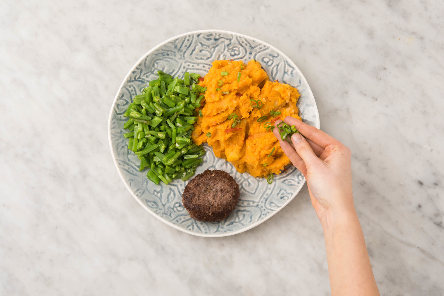 Double protein - Duitse biefstuk met pittige puree van zoete aardappel