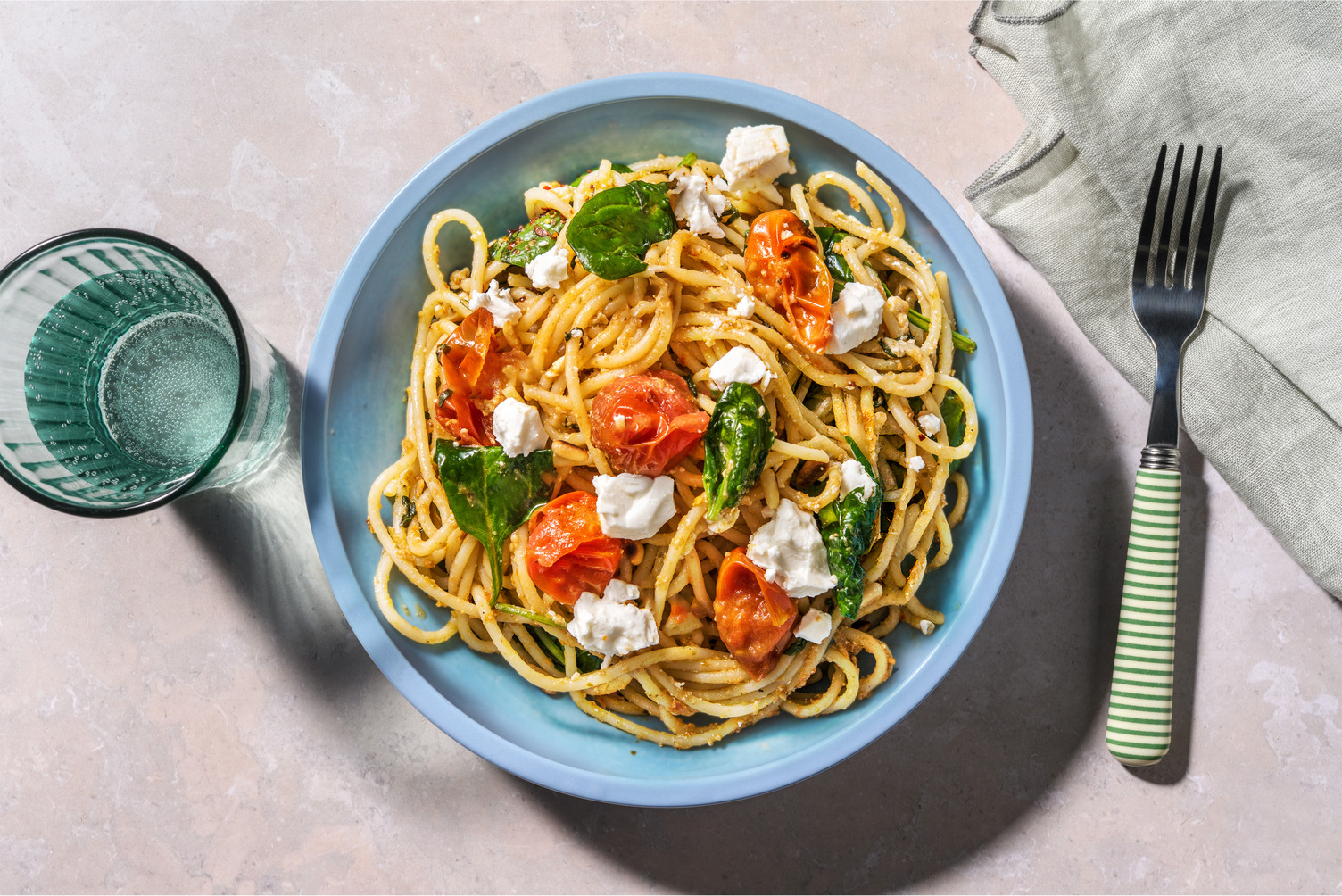 Goat Cheese, Bacon & Basil Pesto Spaghetti