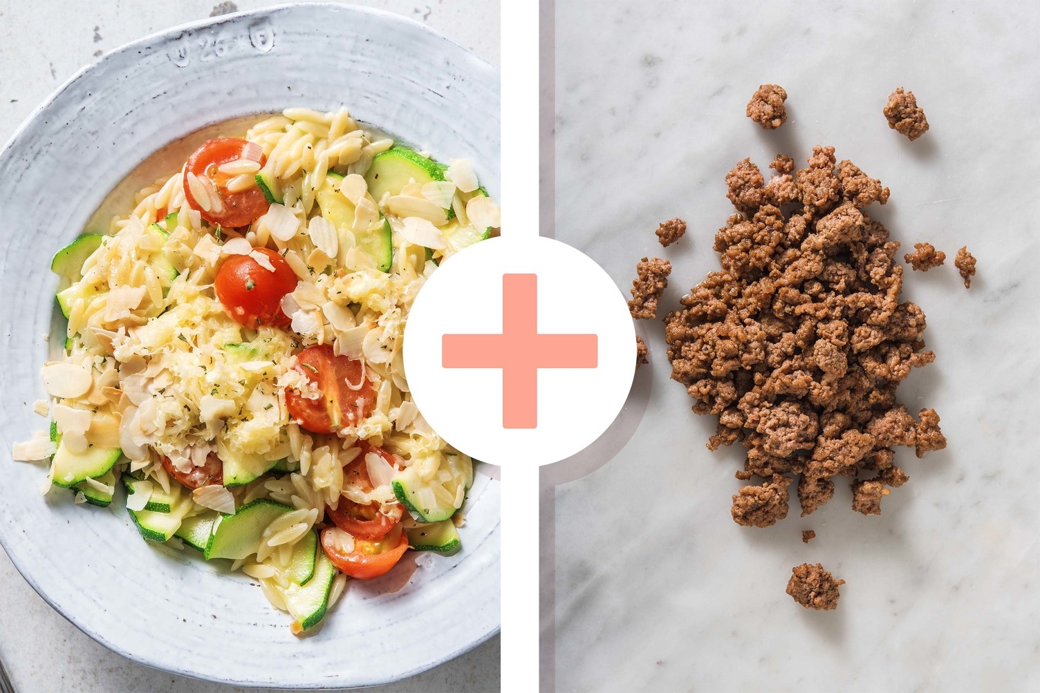 Veggie + protein - Orzo, courgettes, tomates cerises et viande hachée